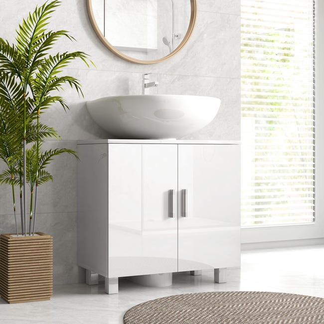 Mobile Sottolavabo HOMCOM Bianco Con 2 Ante Decorate - Armadietto Bagno Con Intaglio A U Per Tubi, 60x30x60cm - Foto 10