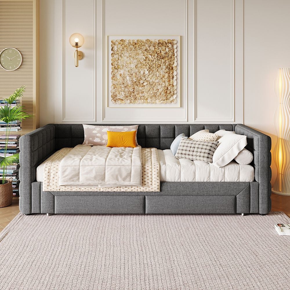 Sofa 90 x 200 cm, z kwadratowym oparciem, rozkładane łóżko (do 180 łóżek typu queen-size), 2 szuflady, szara