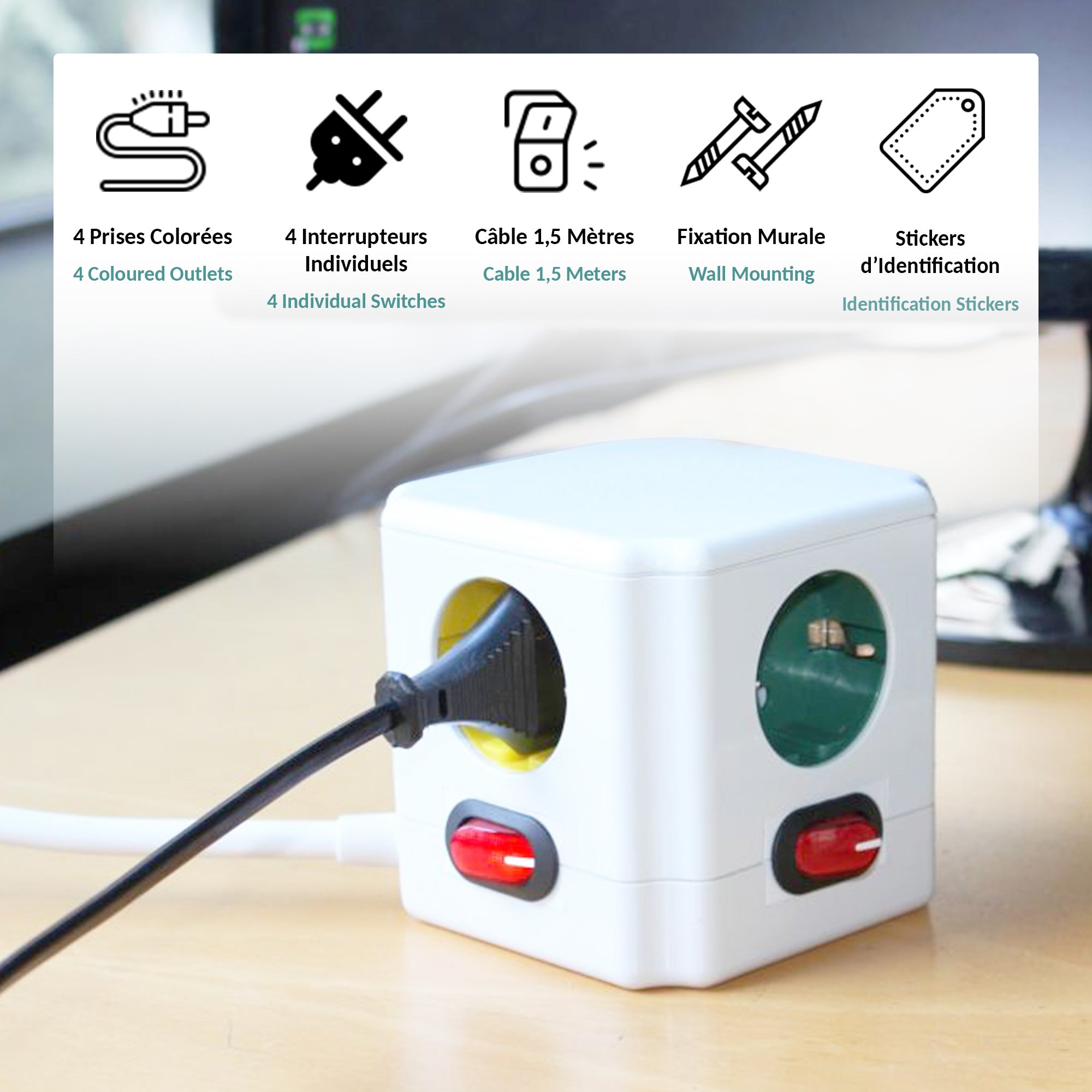 FISHTEC - Multiprise Cube 4 prises avec interrupteurs individuels - Câble 1,5 m - Prises colorées - ABS robuste - Sécurité LVD, GS, NF - 3