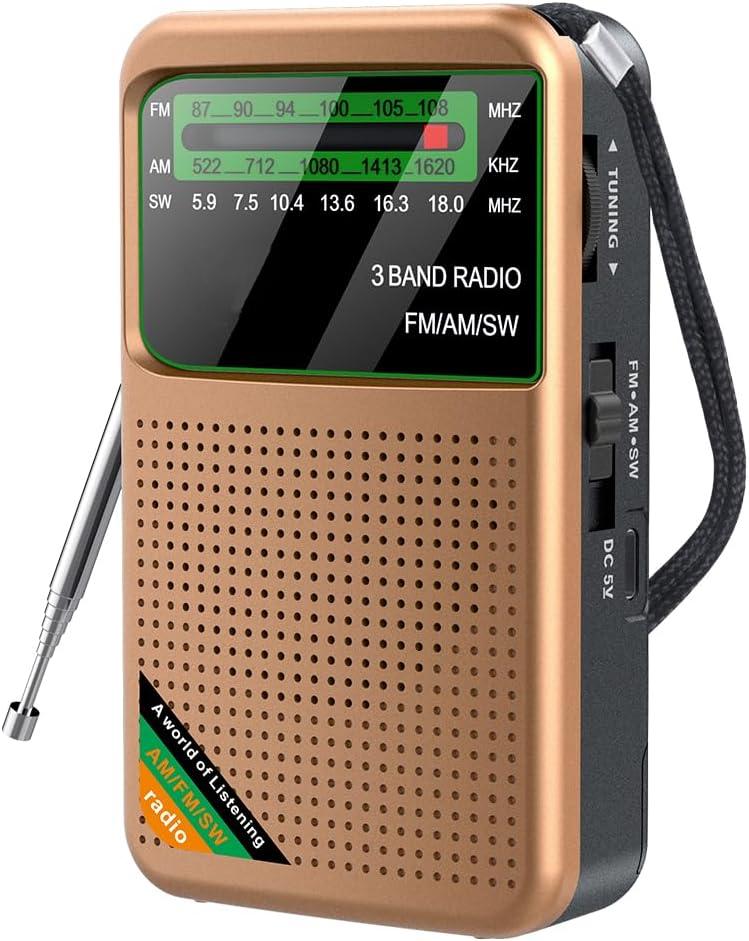 Radio kieszonkowe, przenośne radio AM/FM SW zasilane bateryjnie do użytku wewnątrz i na zewnątrz, w kolorze złotym.