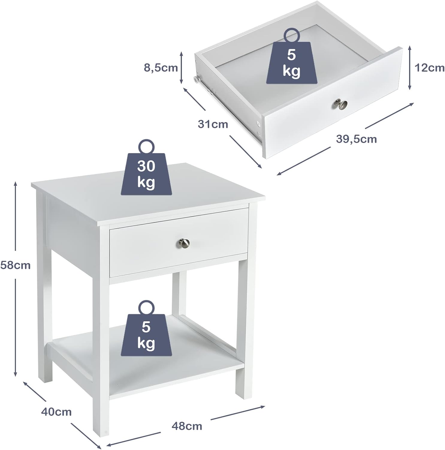 Comodino con Cassetto, Tavolino in Legno con 2 Livelli, Cassettiera da Letto Multifunzionale per Salone Camera da Letto Corridoio, 48 x 40 x 5 - 3
