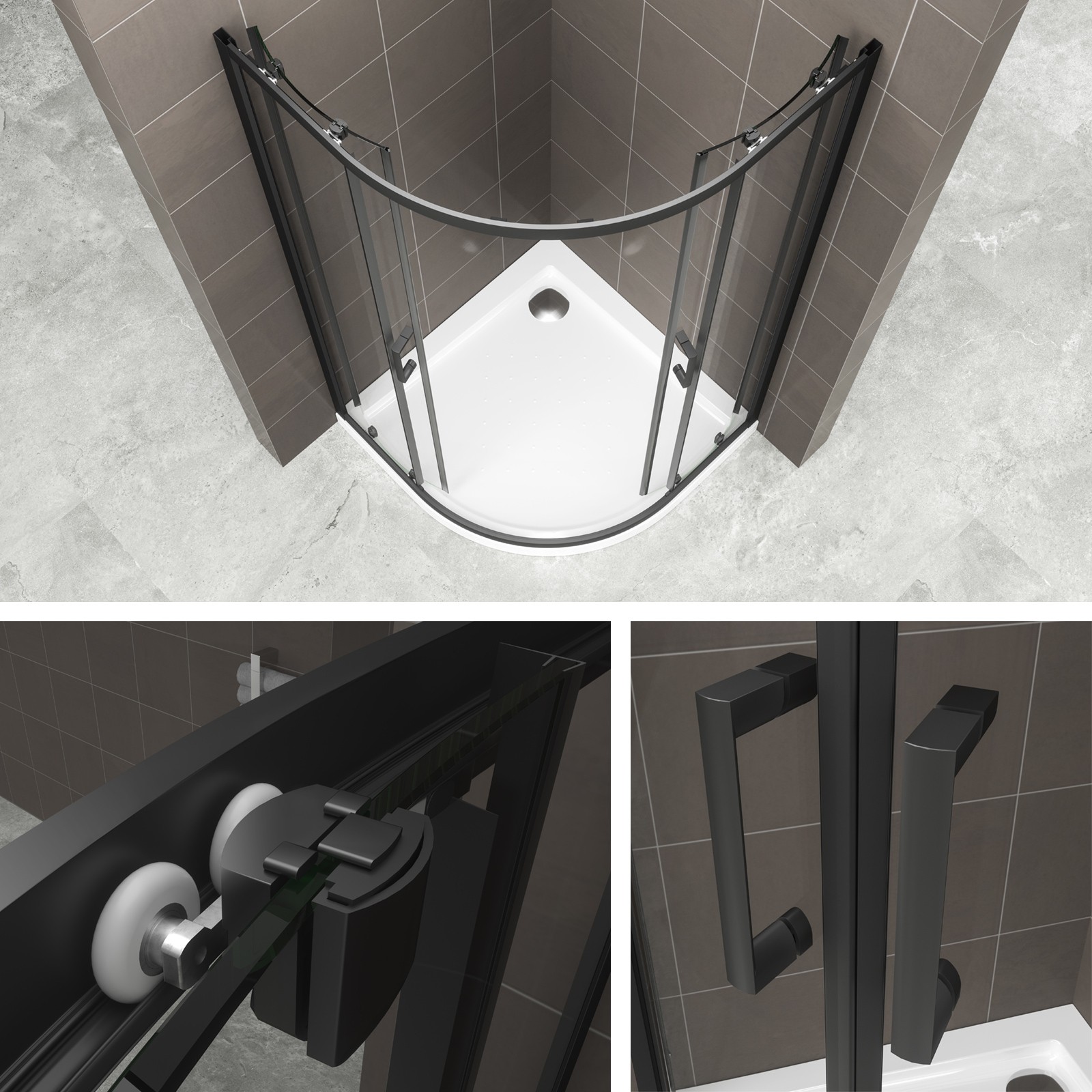 TIBYBLACK Cabine porte de douche coulissante H 190 cm 1/4 de cercle noir verre transparent 90 x 90 cm (sans receveur) - 4