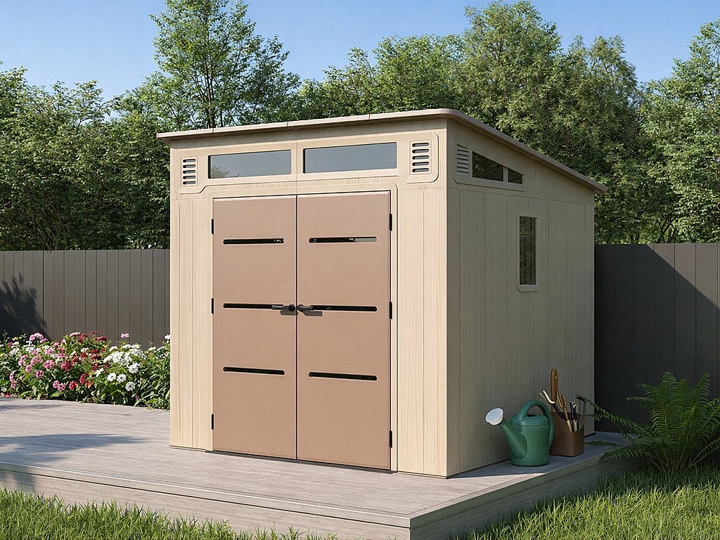 Domek ogrodowy z żywicy z dachem jednospadowym w kolorze beżowym i brązowym 6,5 m² z podłogą – grubość 22 mm – ANTEVA