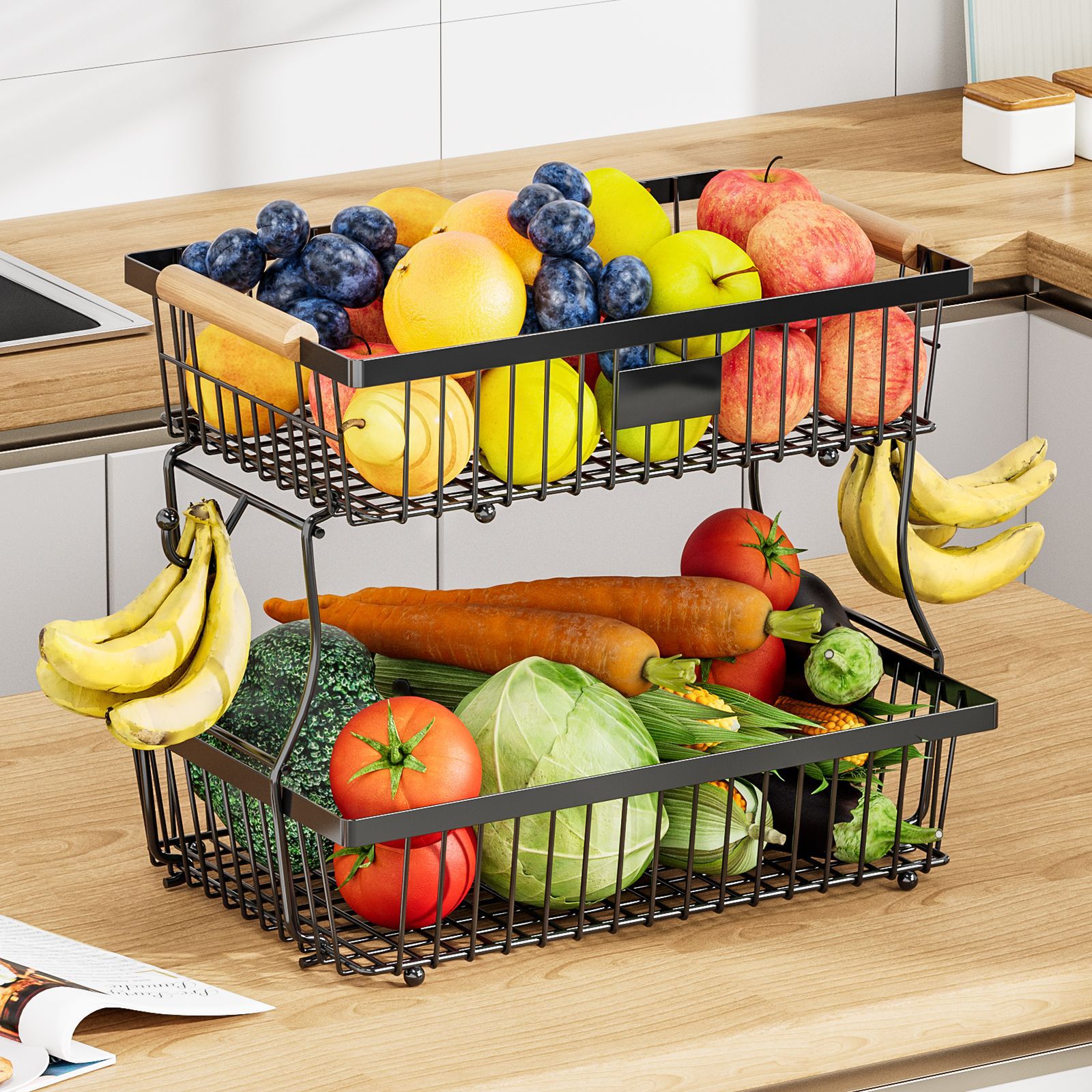 ANTOPY Cesto Per Frutta A 2 Livelli Con Grucce Per Banana, Ciotola Per
