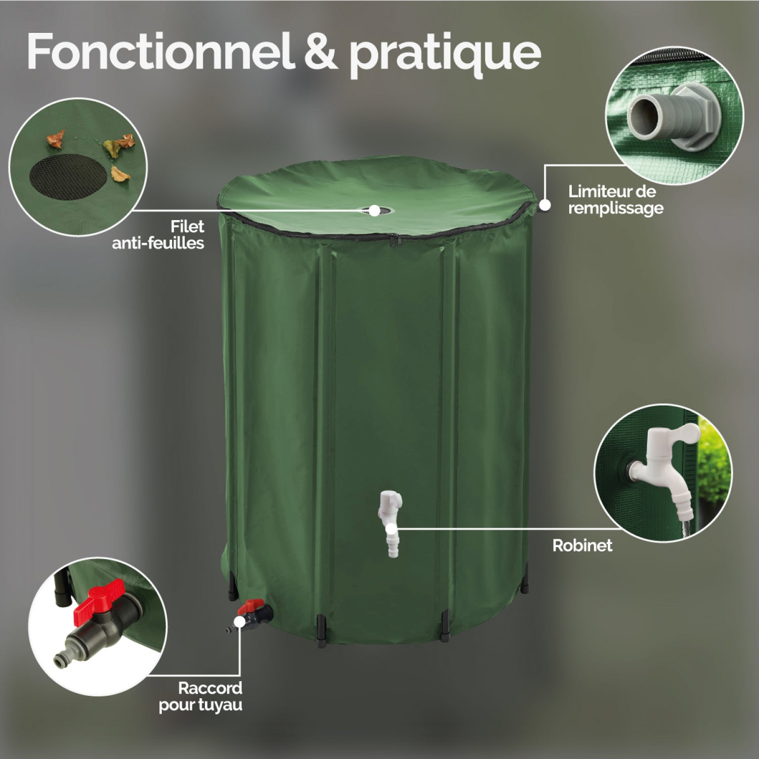 Réservoir souple, récupérateur d'eau de pluie pliable - 500 L - Vert - Linxor - 3