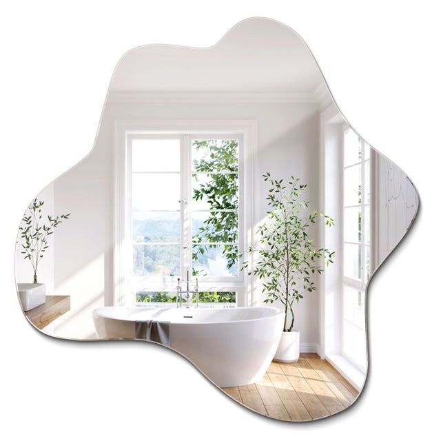 Miroir Asymétrique Bois Blanc 40x30 Cm - Miroir Ovale Irrégulier Moderne - Déco Murale Salle De Bain, Salon, Chambre