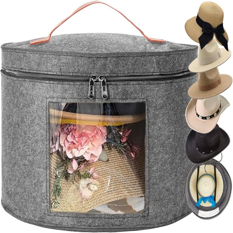 Boîte à Chapeau Ronde En Feutre Gris – Organisateur De Rangement Vintage 17x10 Pouces
