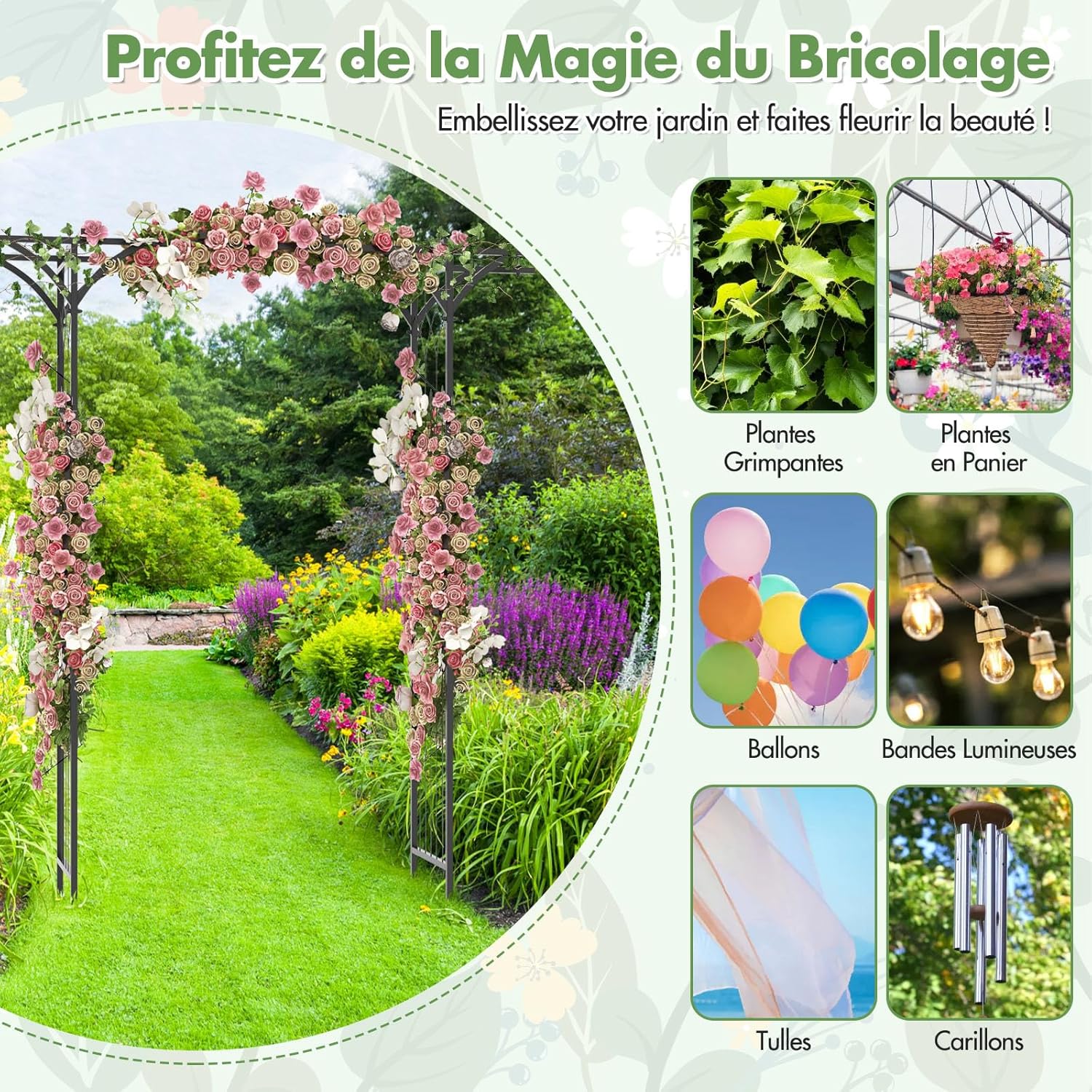 Arche de Jardin Fer 205 cm, Arche de Jardin avec Treillis pour Plantes Grimpantes, Vignes, Roses, Arche Décorative Extérieure,200 x 52 x 205 cm - 7