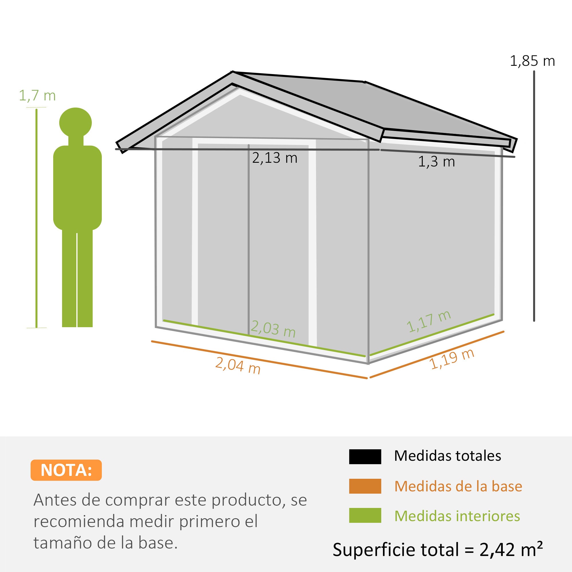 Caseta de jardín con 2 puertas correderas Outsunny gris 213x130x185 cm - 3