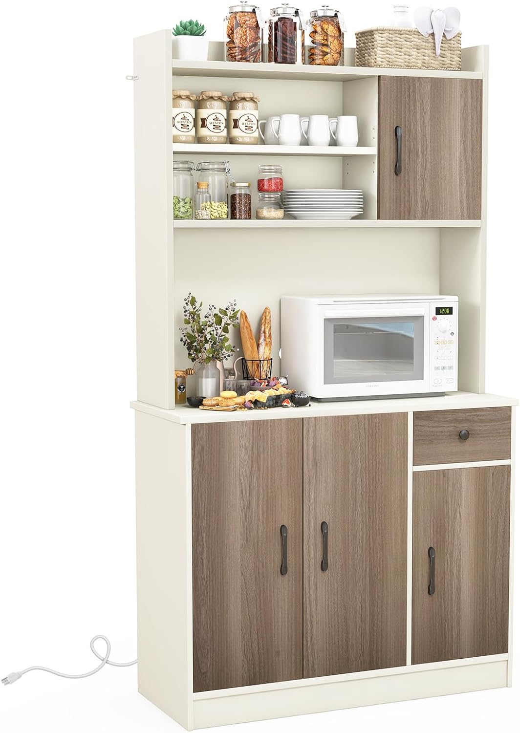Szafka Kuchenna Haute de Cuisine 180 cm z Otworami na Kable, 4 Regulowanymi Regałami, 3 Szafkami, Mebel do Przechowywania w Kuchni, Jadalni (Biała)