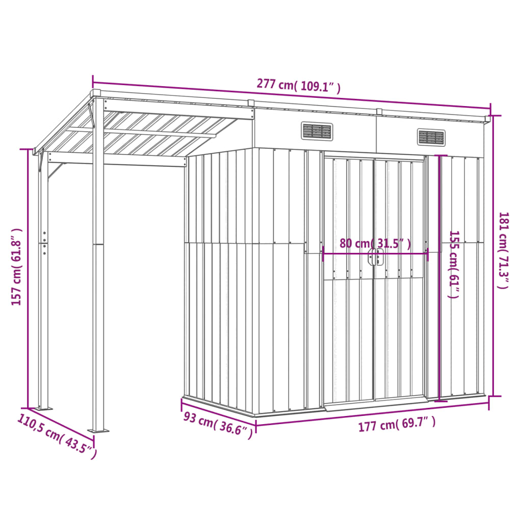 Abri de jardin avec toit prolongé gris clair 277x110,5x181 cm - COMFORTXL - 9