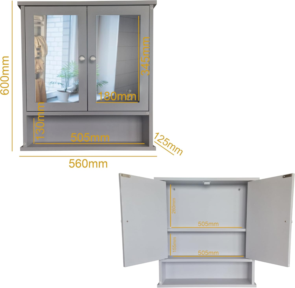 Mobile Mobili Bagno con specchio sopra lavabo Mensola Armadietto con Specchio e Ripiani Regolabili Mobiletto Sospeso 12,5P x 56l x 60H cm - 5