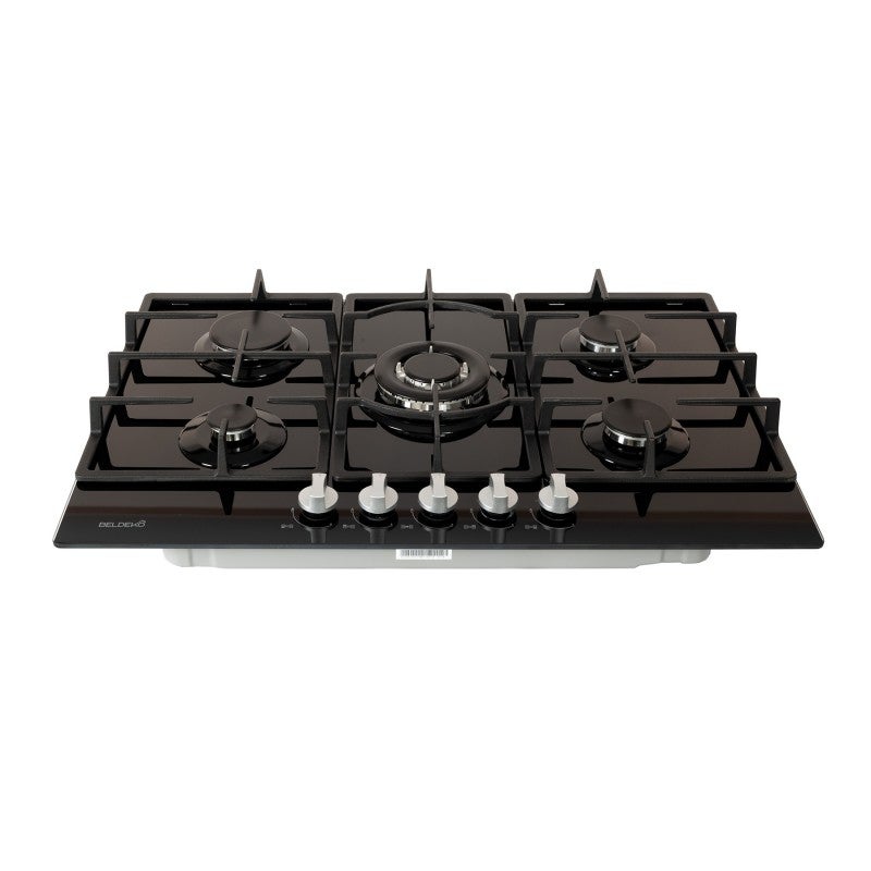Plaque gaz 5 feux en verre noir - Brûleurs et grilles en fonte - 10 800 Watts encastrement 56x49 cm - 8