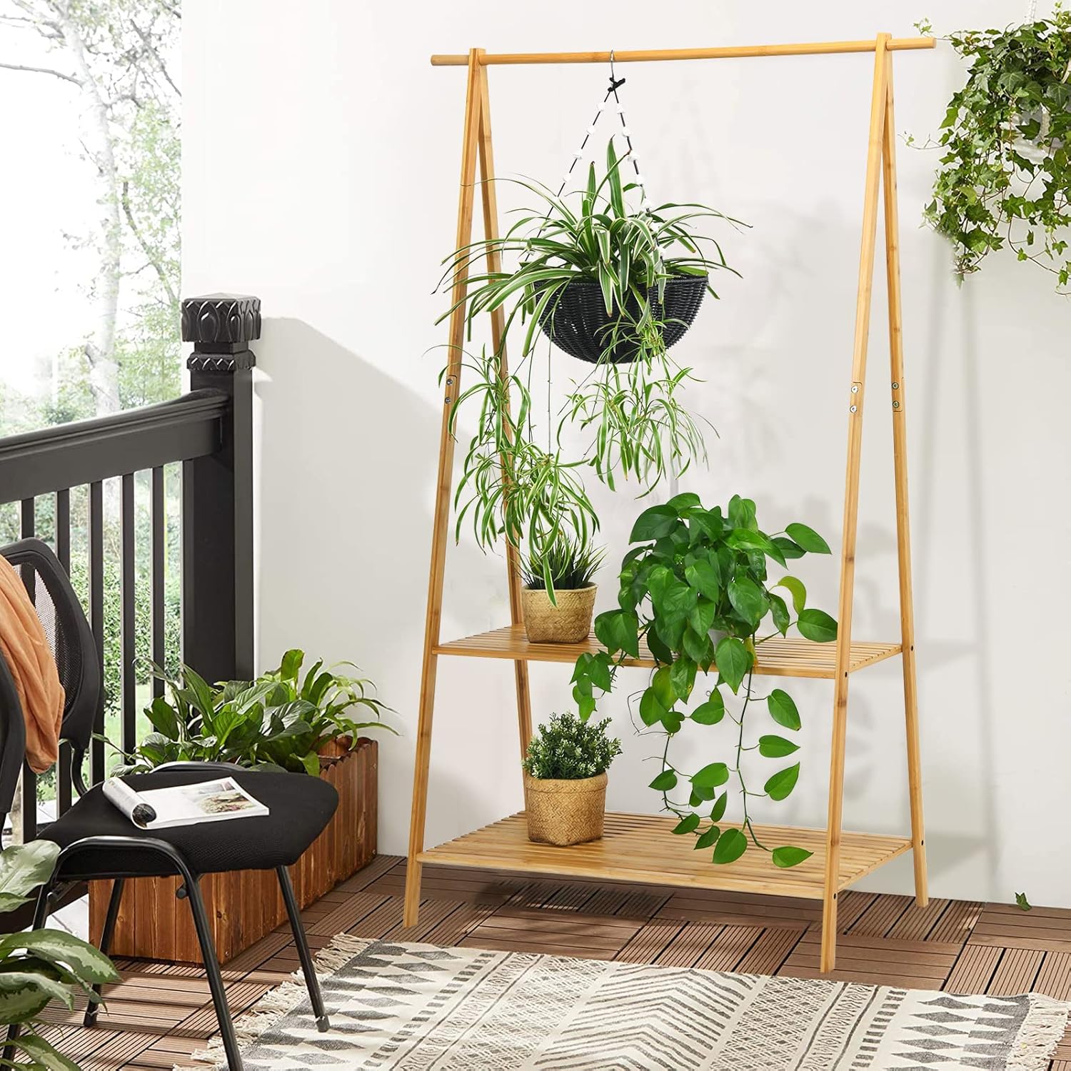 Penderie en Bambou,Porte-vêtements sur Pieds avec 2 Étagères,Tringle de Suspension,Dispositif Anti-basculement - 8