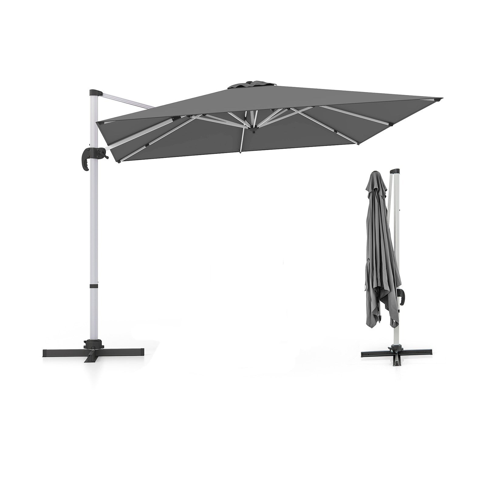 Parasol Ogrodowy z Wysięgnikiem 3x3 m, 8 Żeber, UPF50+, Podstawa Krzyżowa, 5 Pozycji Nachylenia i Obrót o 360 Stopni, Szary