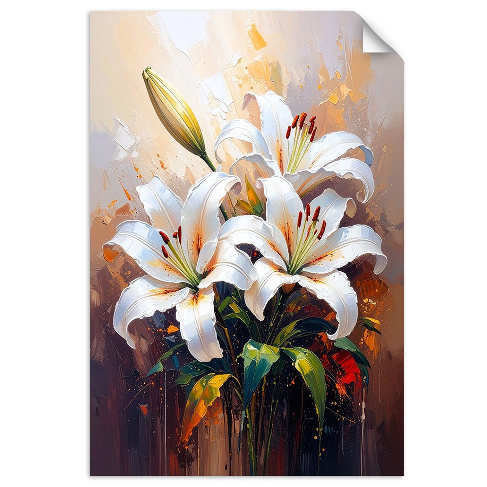 Naklejka na ścianę do salonu sypialni, Lilie Białe Kwiaty jak malowane 40x60