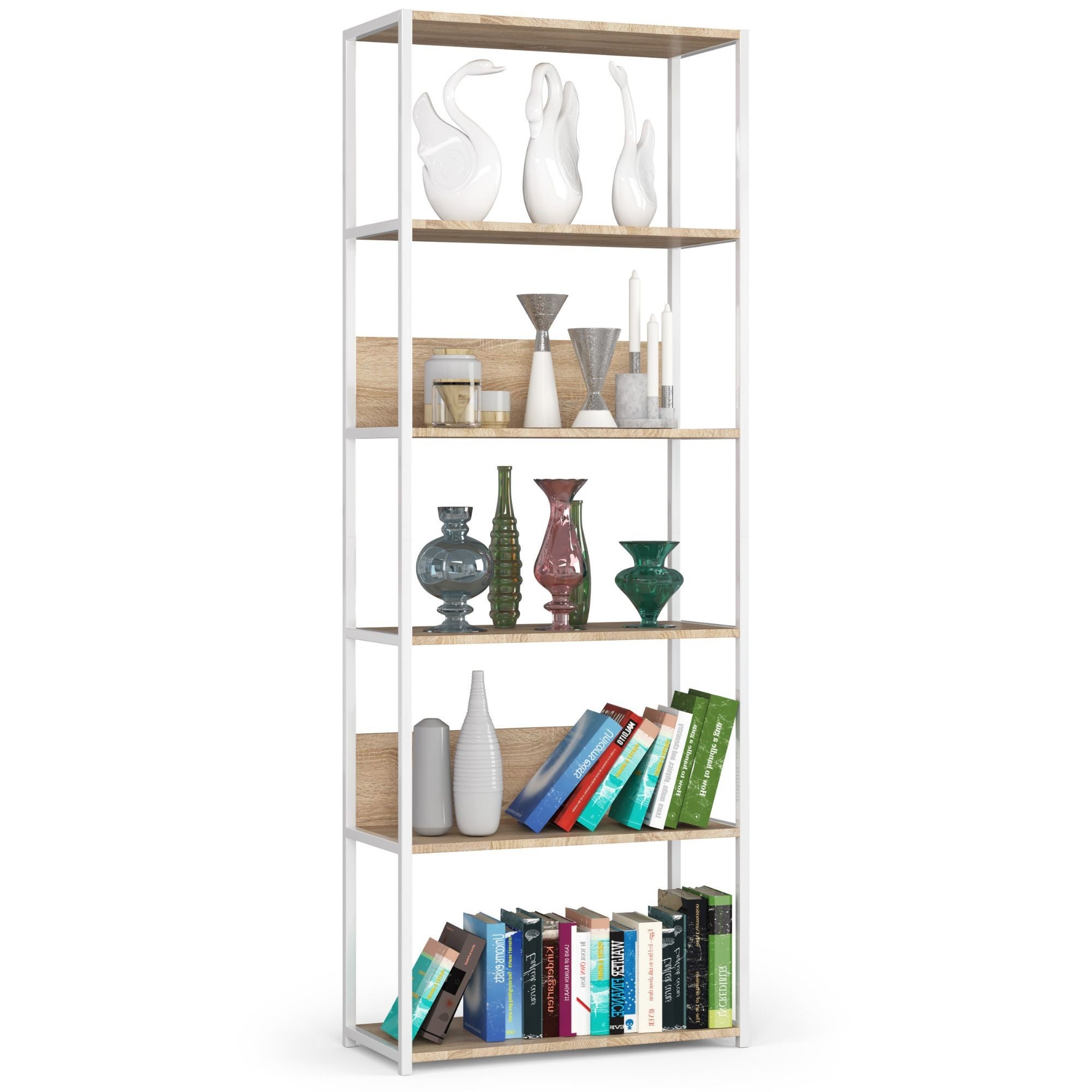 Regał loft AKORD metalowy Biały 70 cm kolor Dąb Sonoma mat 6 półek 70x32x192 cm
