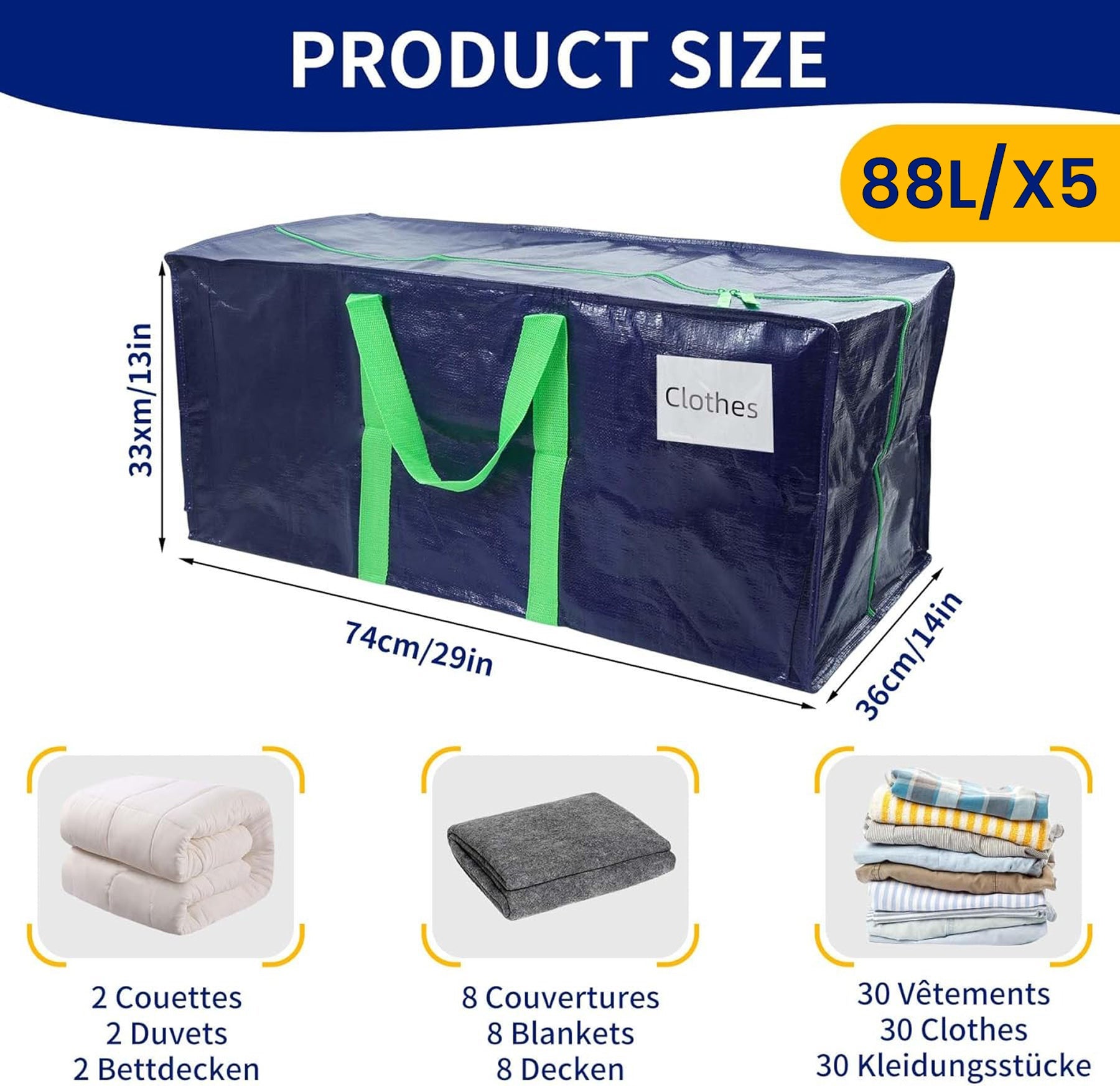 Lot de 5 sacs de déménagement grand format - sacs de rangement avec sangles de sac à dos et poignée - bleu - VOUNOT® - 3