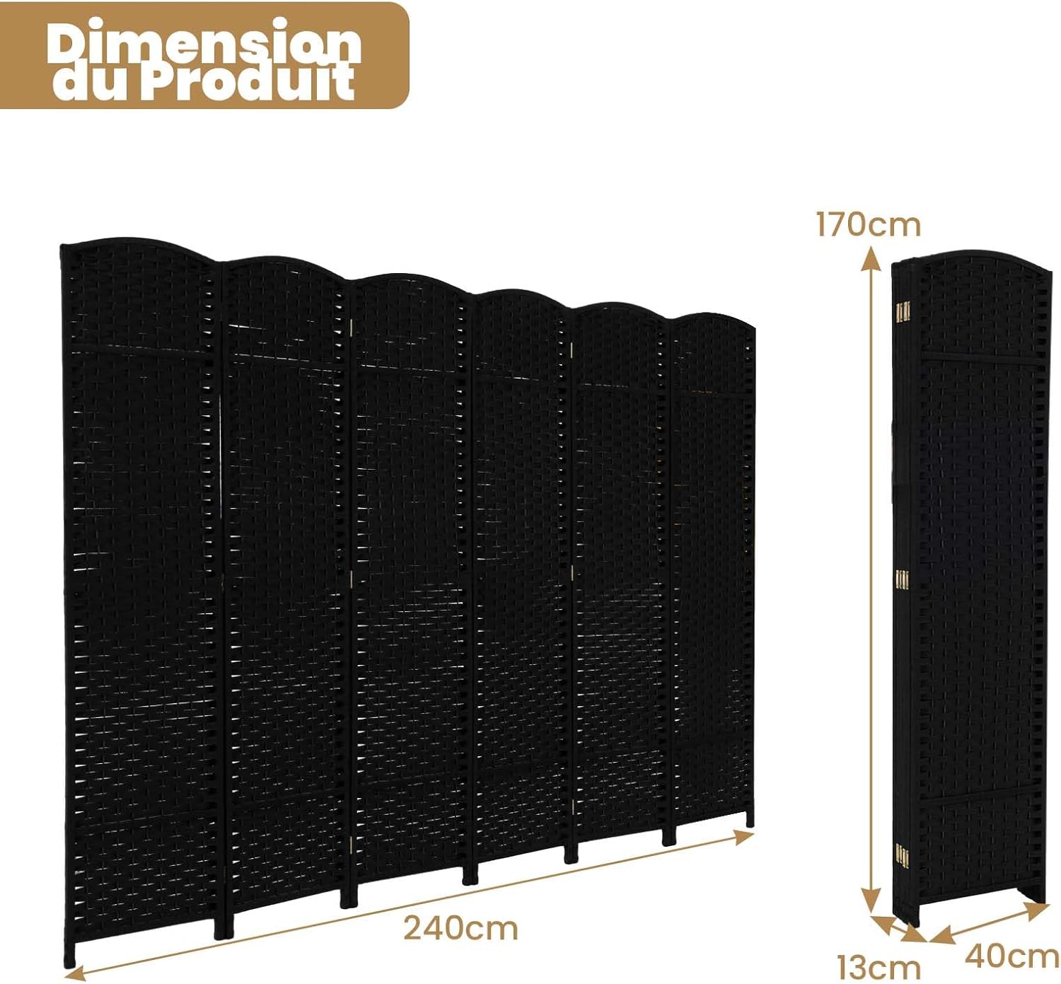 Séparateur de Pièce Cloison de Séparation, Paravent 6 Panneaux Pliable 170 CM, Cadre en Bois Massif,240x170CM (Noir) - 6