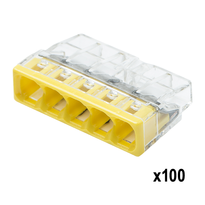 Pot de 100 mini bornes WAGO S2273, 5 points de serrage, 450 V, 24 A, connexion PUSH WIRE®, transparent, test visuel, 0,5-2,5 mm², compact - 2