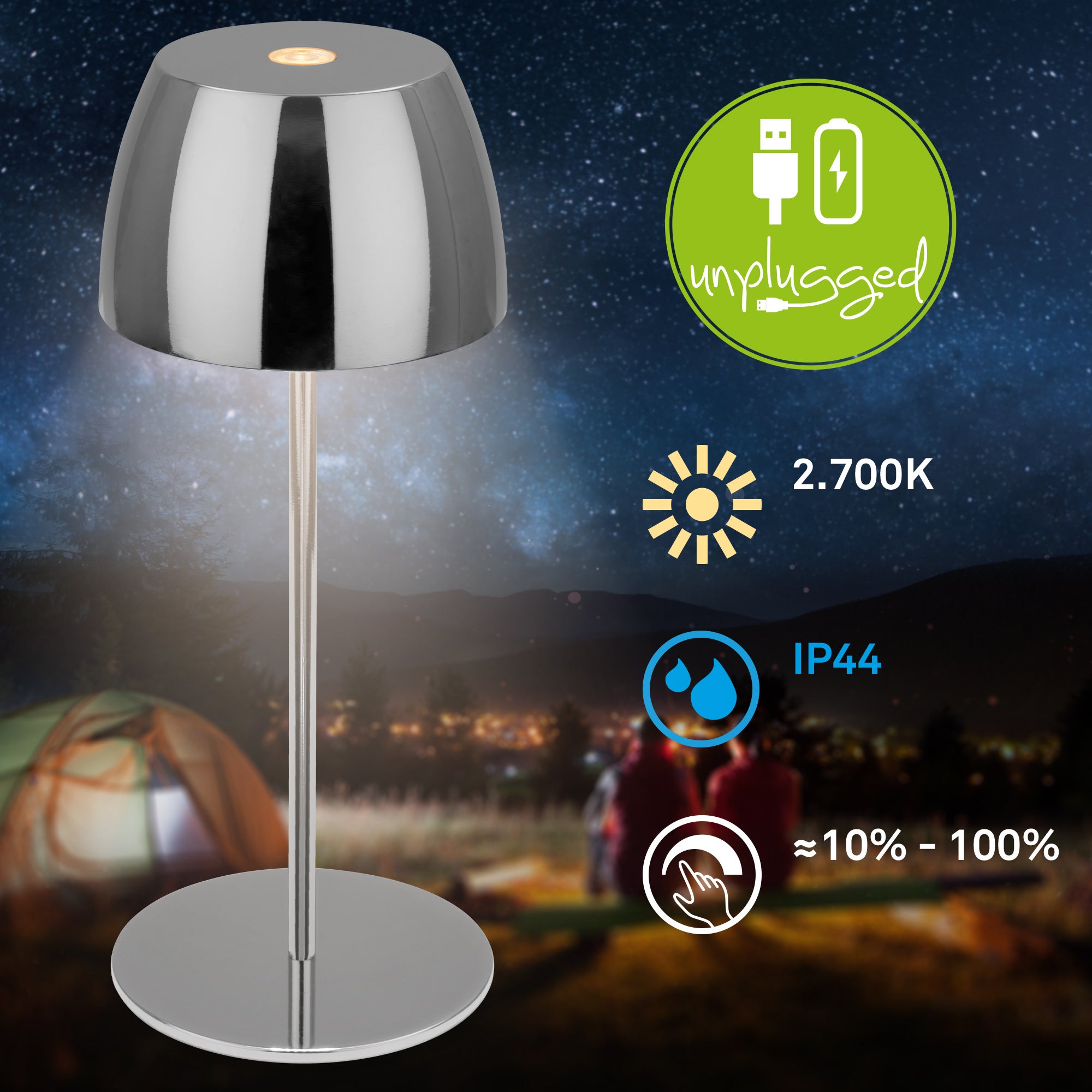 Briloner Serina Mini lampe de table LED sans fil IP44, Variable, tactile, protection contre les éclaboussures, sans fil, chrome, Ø8 x 20 cm - 2