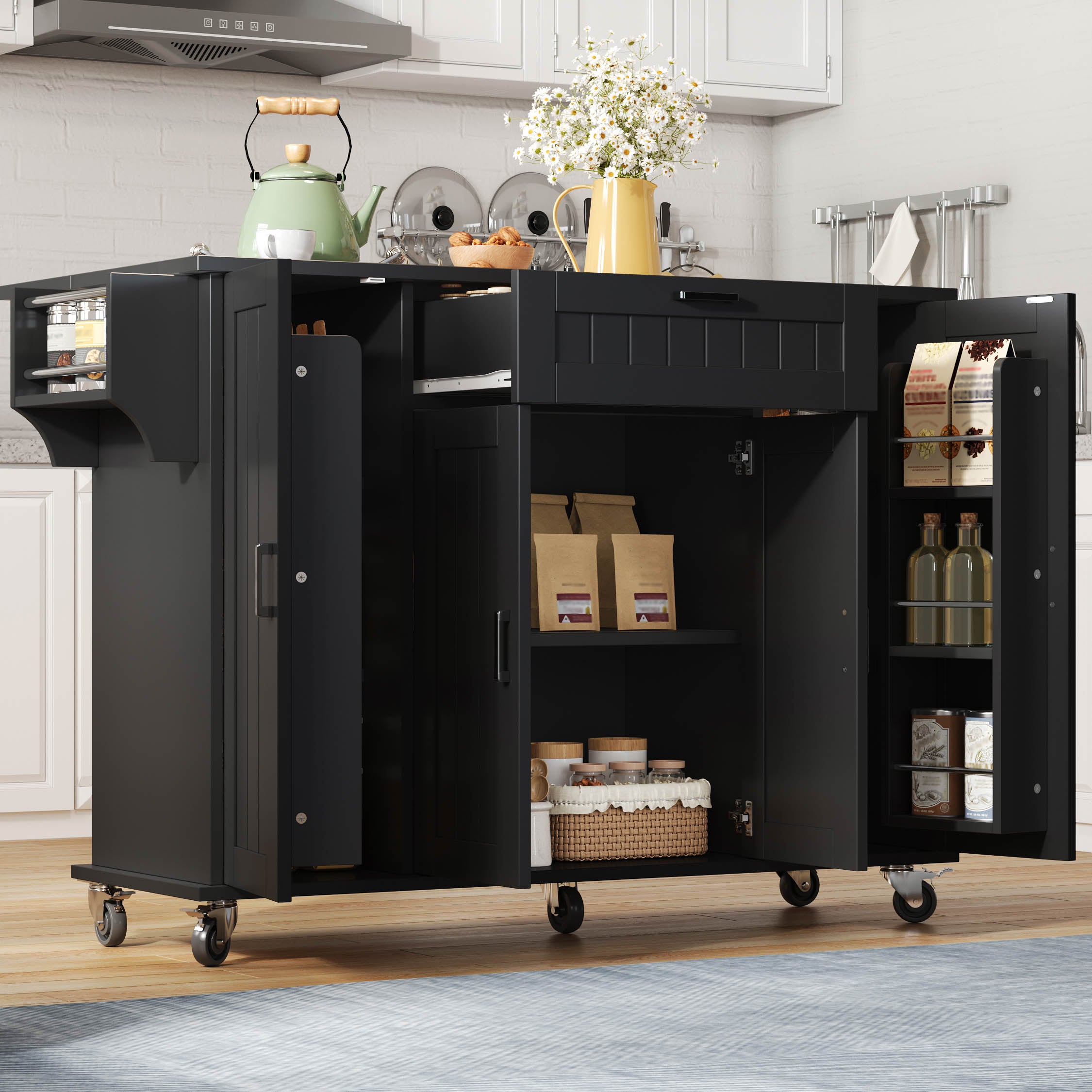 Isola cucina mobile con 4 ante, 1 cassetto e portasciugamani - 120 x 45/70 x 95 cm - MDF - Nero - 6