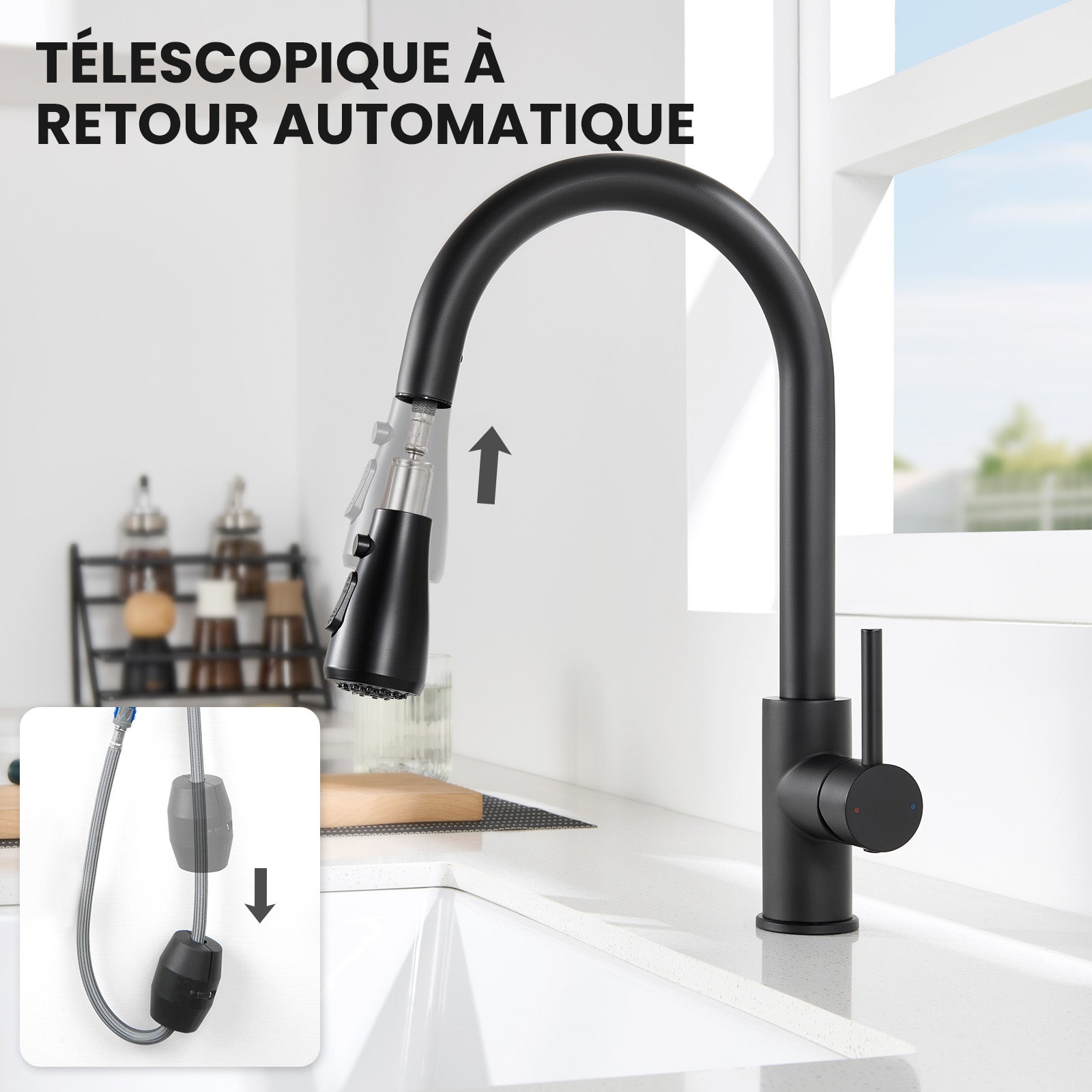 Mitigeur de Cuisine avec Douchette Extractible - Robinet Cuisine Noir Mitigeur d'Évier avec 2 Modes de Sortie D'eau - 8