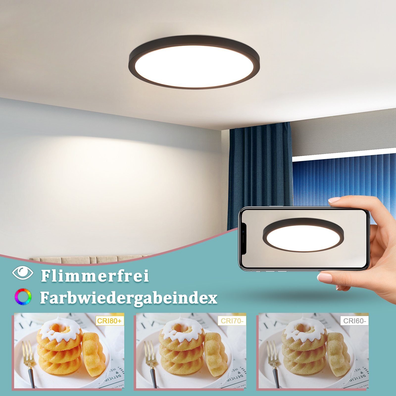 NETTLIFE Plafón LED Plano Negro 4000K Dormitorio 24W Baño Pasillo Redondo para Cocina - 5