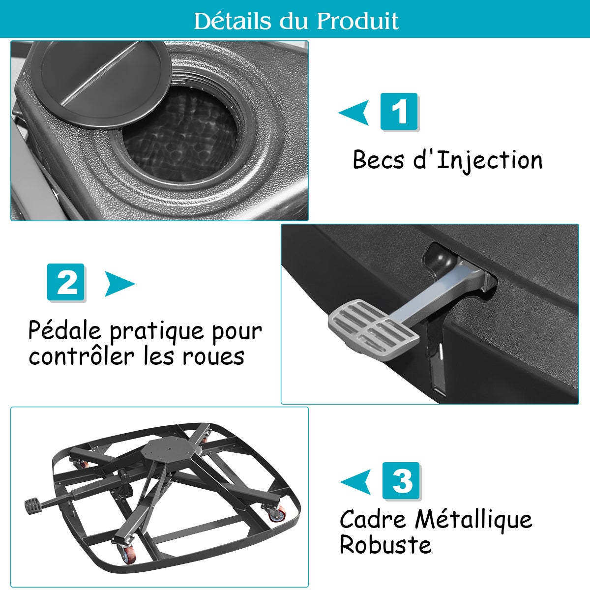 Pied Parasol avec Roulettes, Dalle Parasol Déporté avec Pédale de Commande, Rempli 150 kg Sable Humide/100 kg Eau, Base Portable pour Jardin, Noir - 8