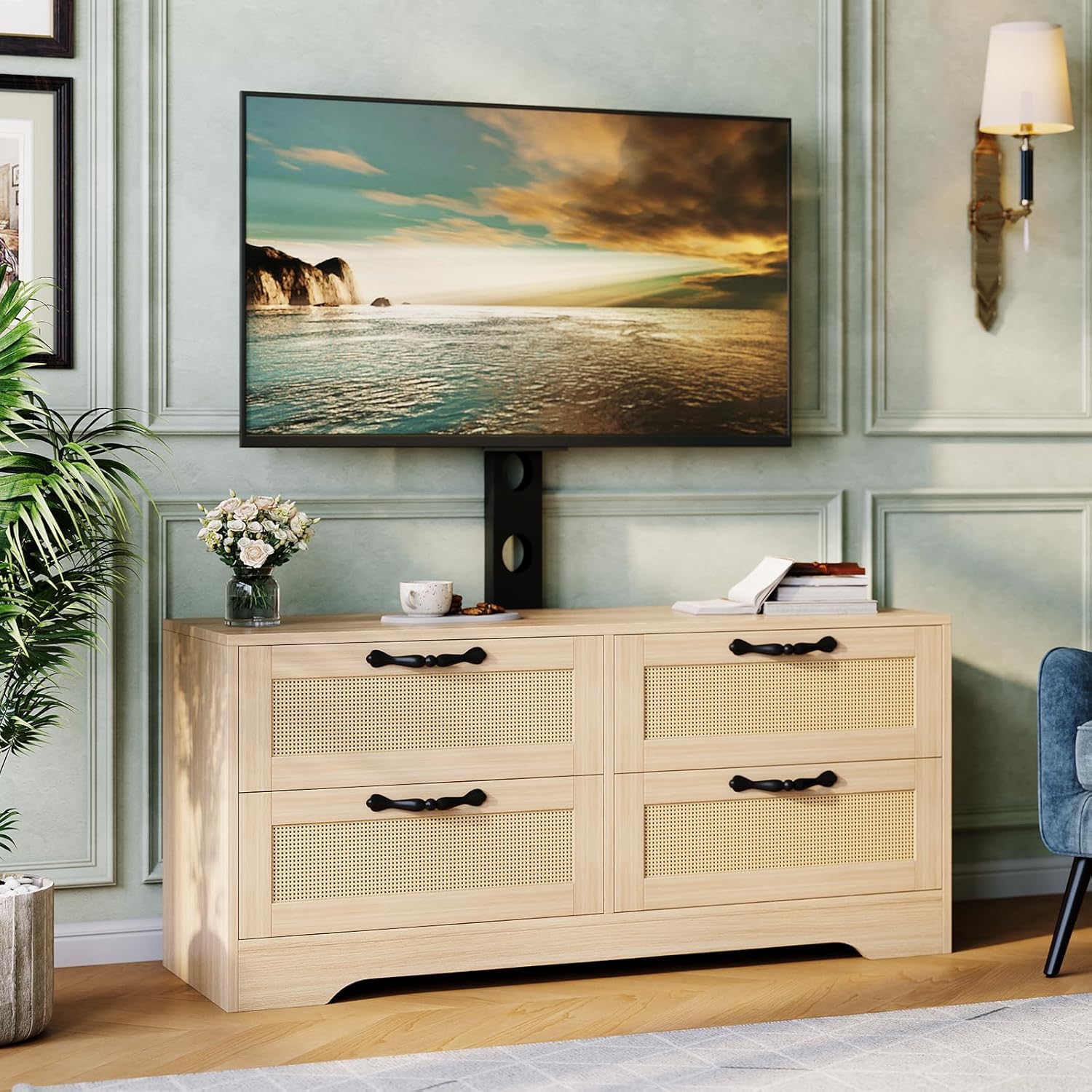 Meuble TV,Support TV avec Support Réglable, rangement TV avec Portes Rotin naturel,4 grands tiroirs,pour Salon Ou Chambre - 2