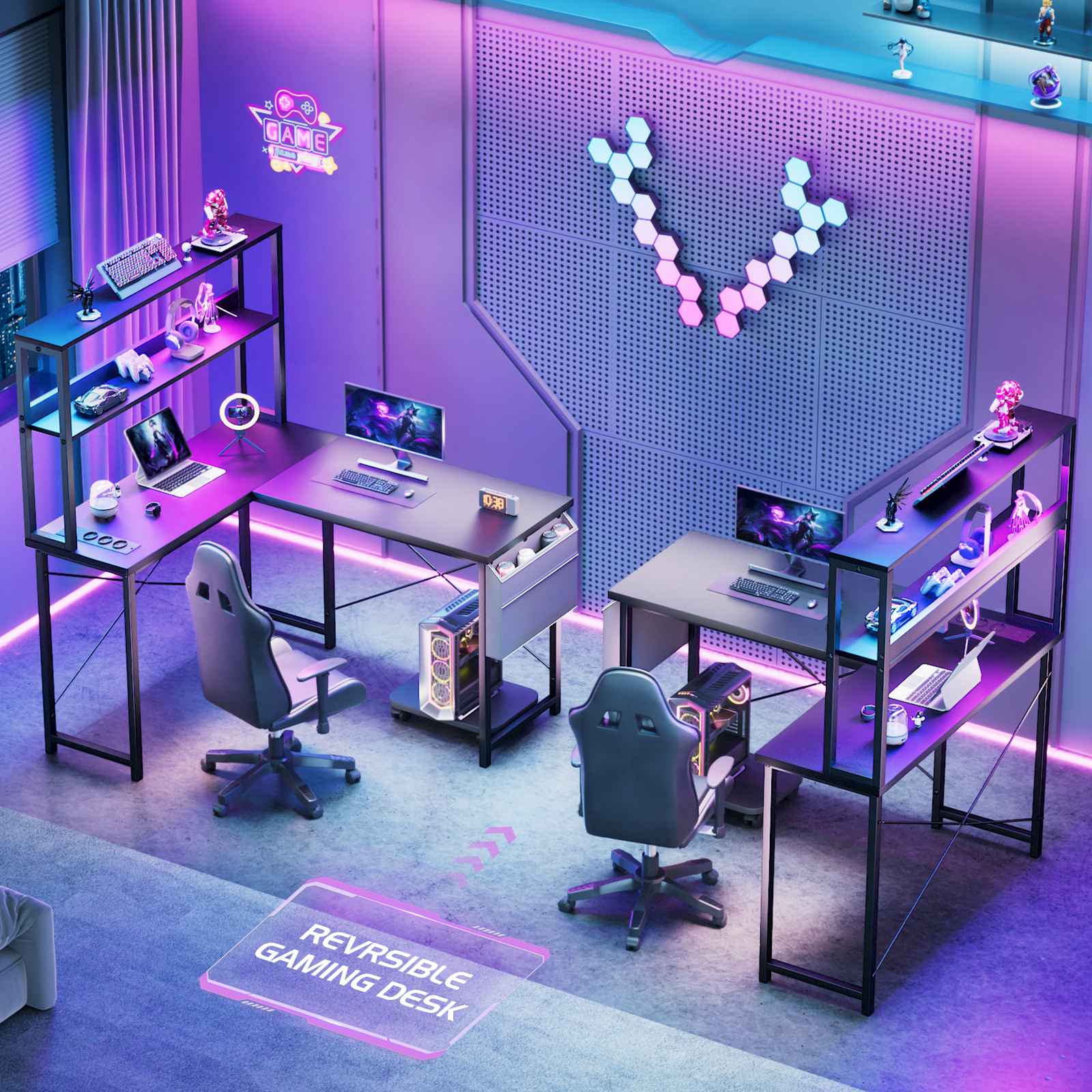 Scrivania angolare L 135 cm con LED e prese, scrivania gaming doppia con scaffali, supporto PC, ganci e tasca portaoggetti per casa e ufficio - 5