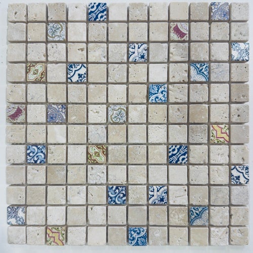 Albedo Pierre - Mosaïque en Travertin Blanc Ivoire - Motifs Mix 2,3X2,3X1 CM
