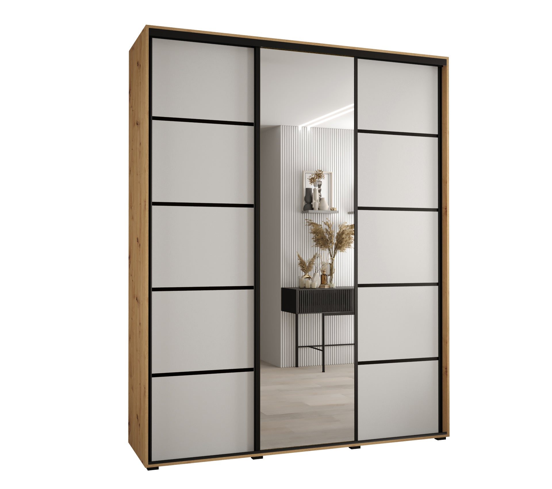 Szafa przesuwna z lustrem wysoka Davos 5 190 x 60 x 235,2 cm artisan + biały + u. czarny - Abiks Meble