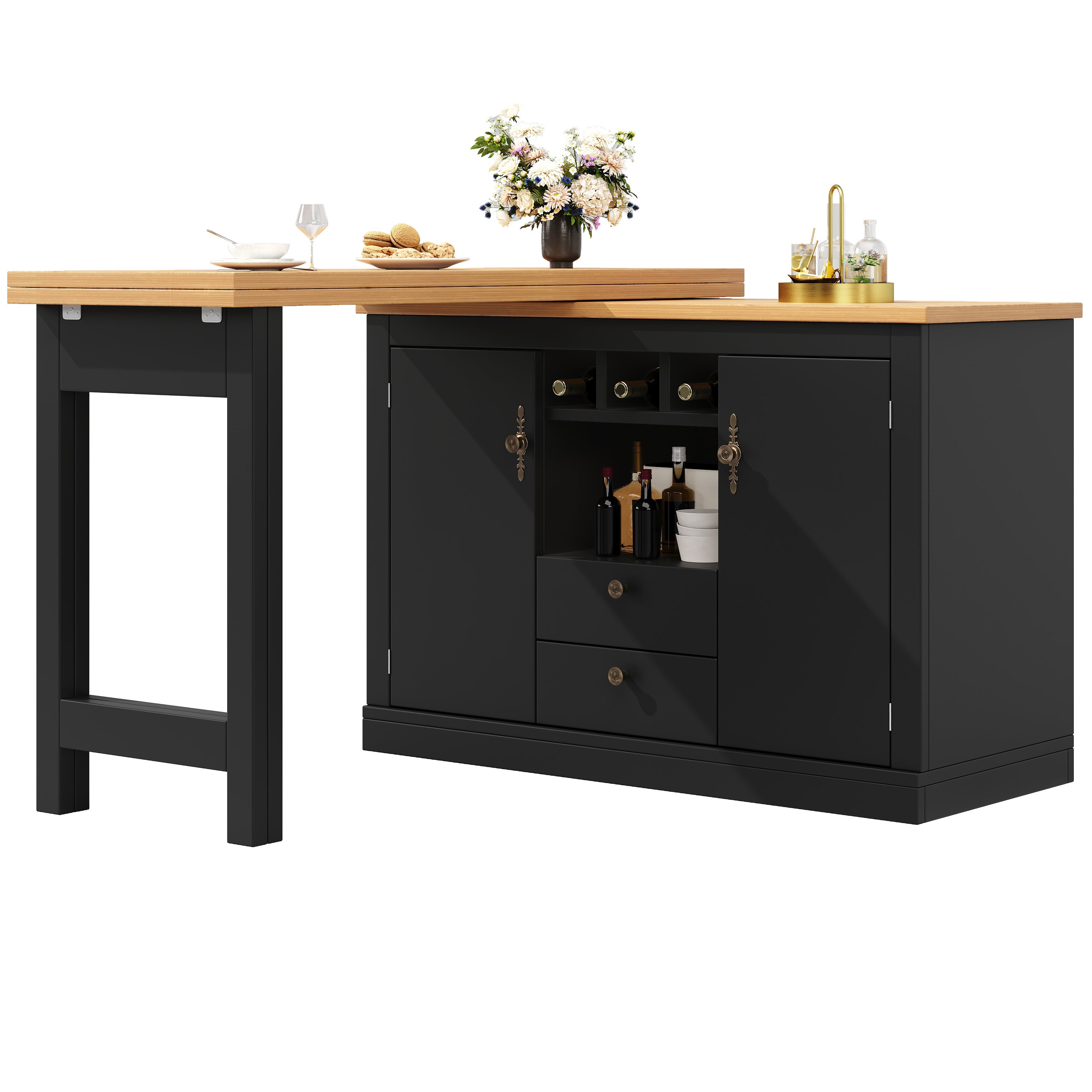 Rozkładany obrotowy stół jadalny z 2 drzwiami i 2 szufladami, wyspa kuchenna - 120-180 x 40 x 71,5 cm - MDF - Czarny + naturalny - 9