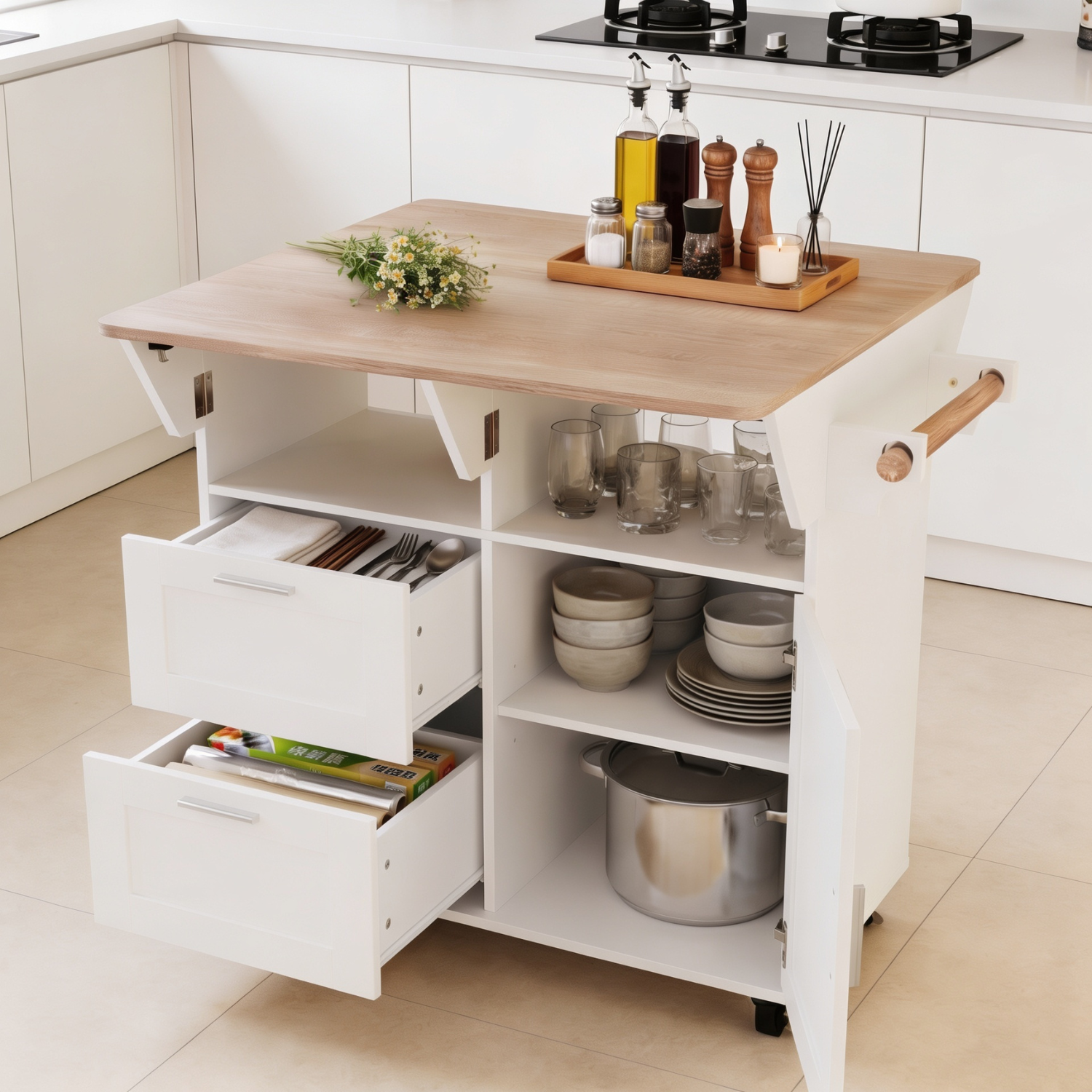 Îlot Central de Cuisine avec Plan de Travail Rabattable, 2 Tiroirs et Porte, Desserte de Cuisine à Roulette, 80x80x80.5, Blanc - 3