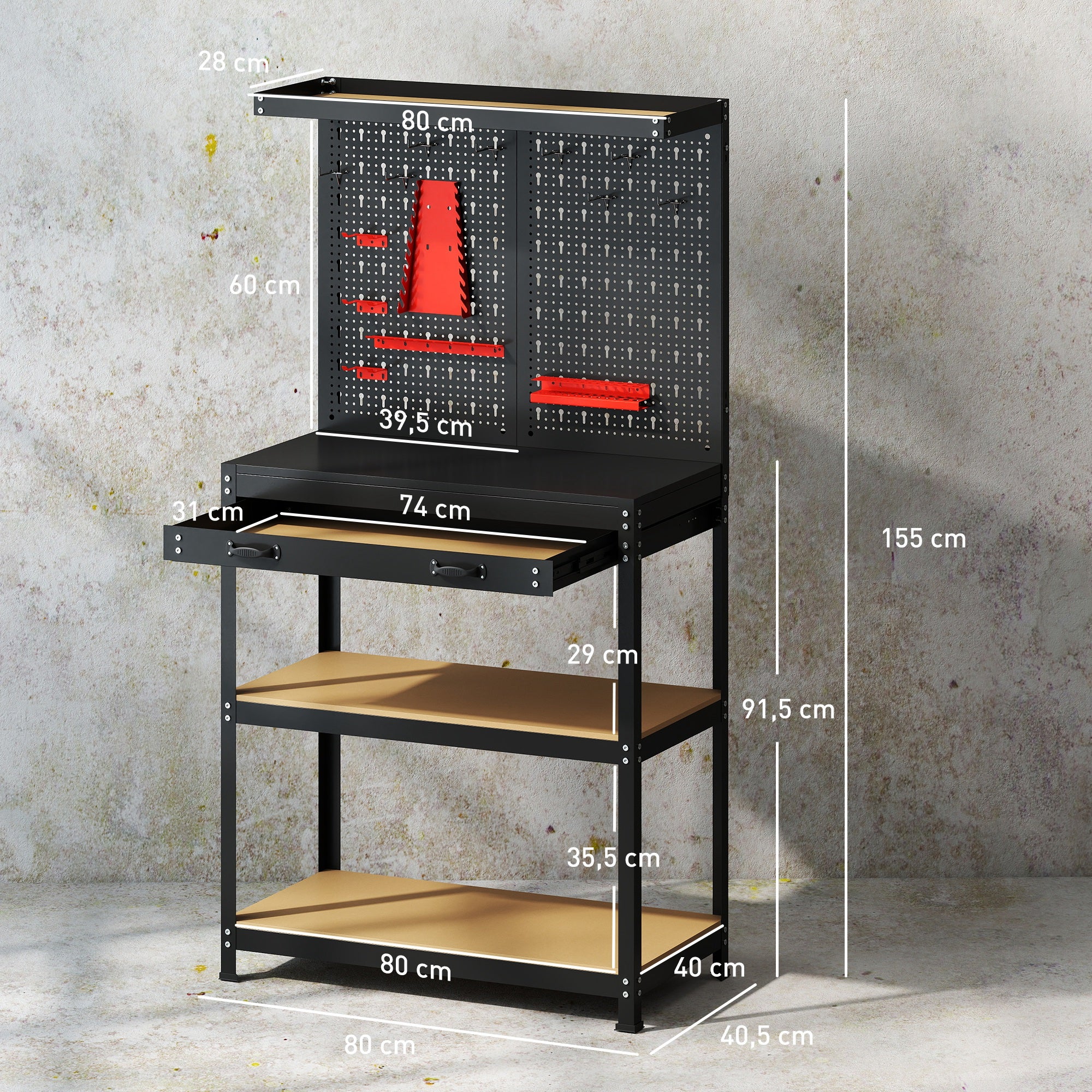 Banco da lavoro 80 x 40,5 x 155 cm, con pannello forato, ganci, cassetto e 2 ripiani, nero. - 4