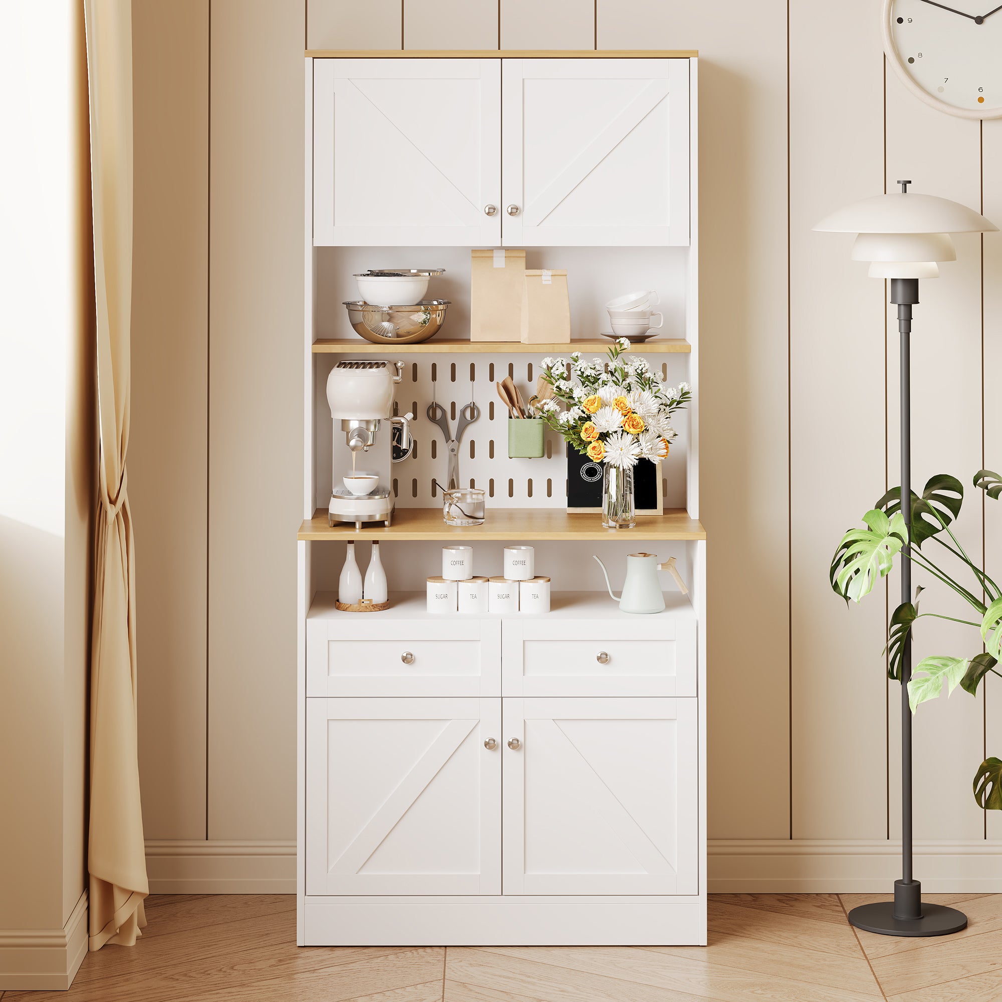 Nowoczesna komoda 80x40x175 cm - Z 2 szufladami i 4 drzwiami - Z perforowanym panelem - Płyta MDF + płyta wiórowa - Biały i naturalny - 7
