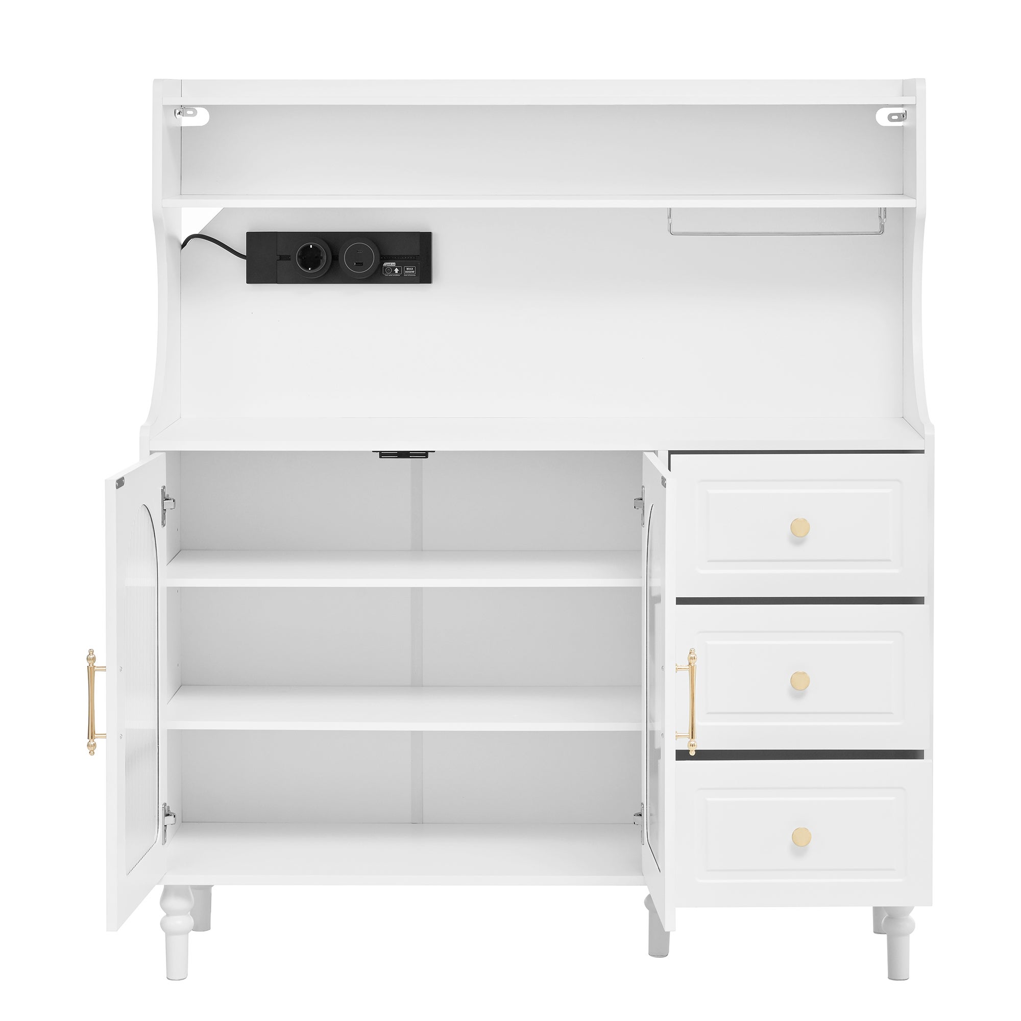 Kredens kuchenny z 2 szklanymi drzwiami, 3 szufladami i portem ładowania - 120 x 40 x 184 cm - Płyta MDF i płyta wiórowa - Regulowane półki - Biały - 9