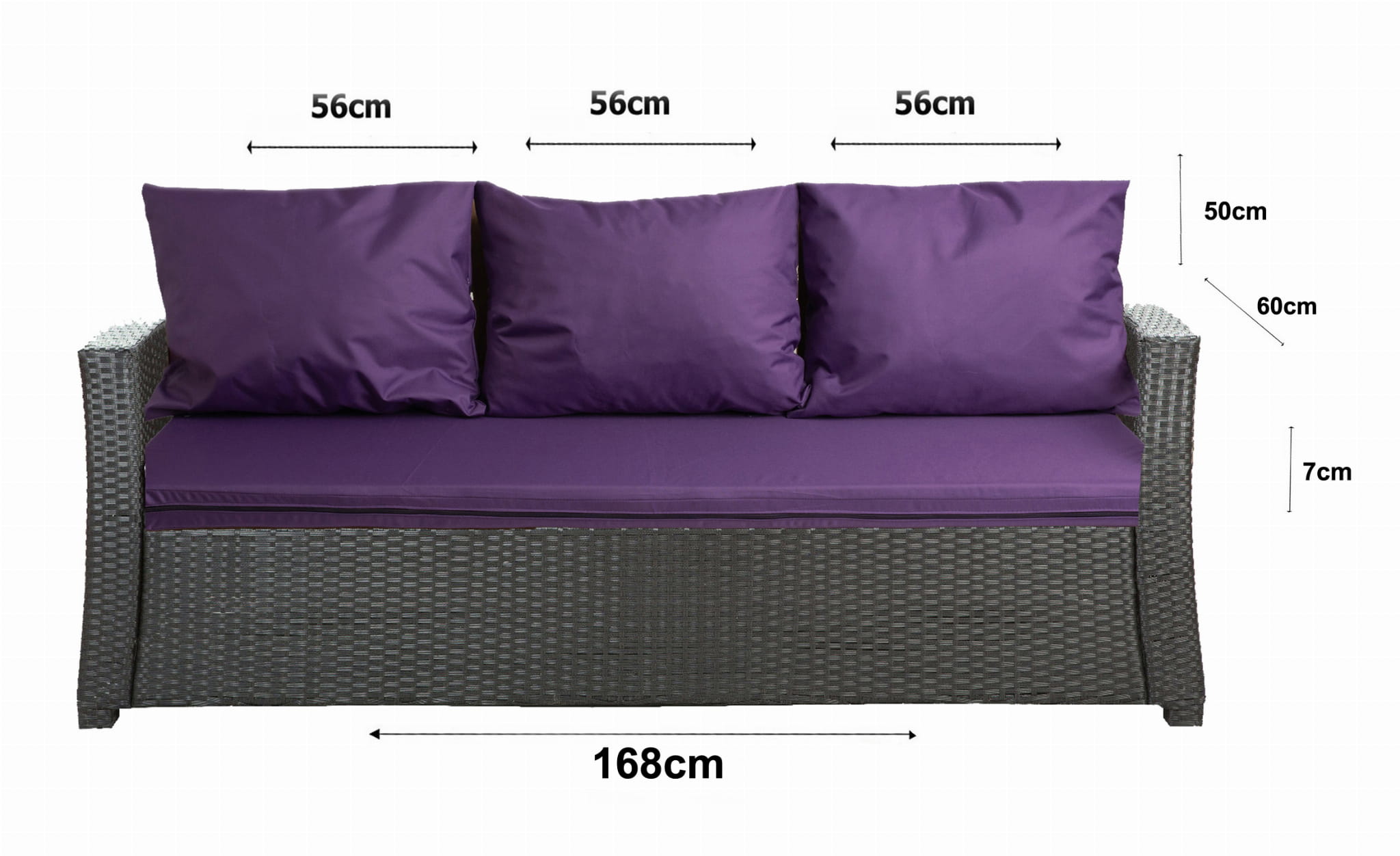 Coussins de canapé de jardin en résine tressée 168x60x7+3*56x50cm| Lot de coussins de jardin| Set de coussins 3 places| coussins d'extérieur violet - 2