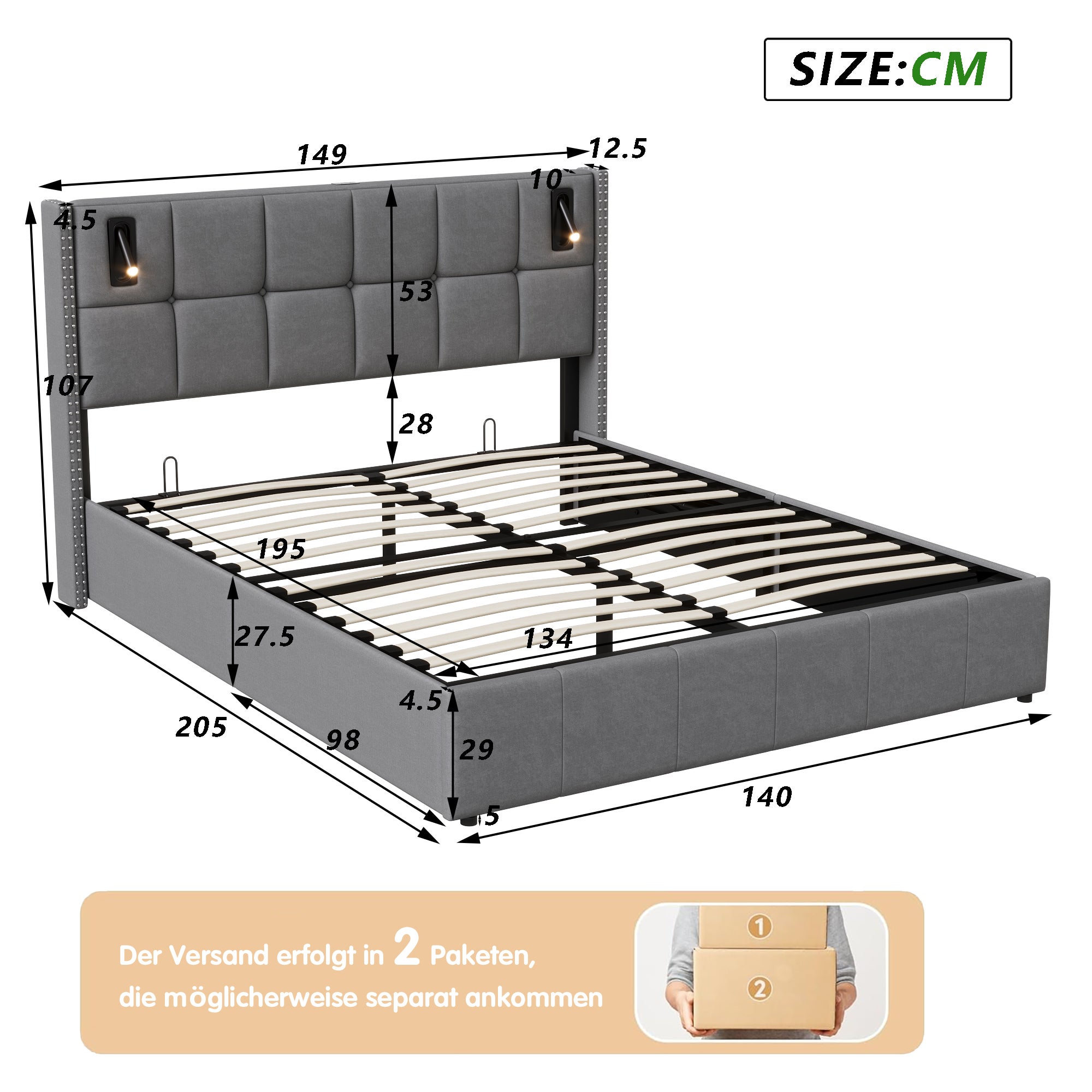 Lit Rembourré 140x200cm avec sommier à lattes & liseuses, lit coffre lit double, velours, gris - 4