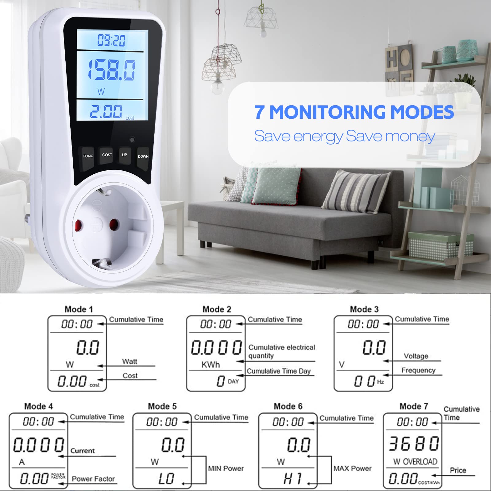 Wattmètre Prise Compteur d'Énergie,Consommation avec 7 Modes Surveillance,Prise Consommation Electrique pour Écran LCD Rétroéclairé - 2