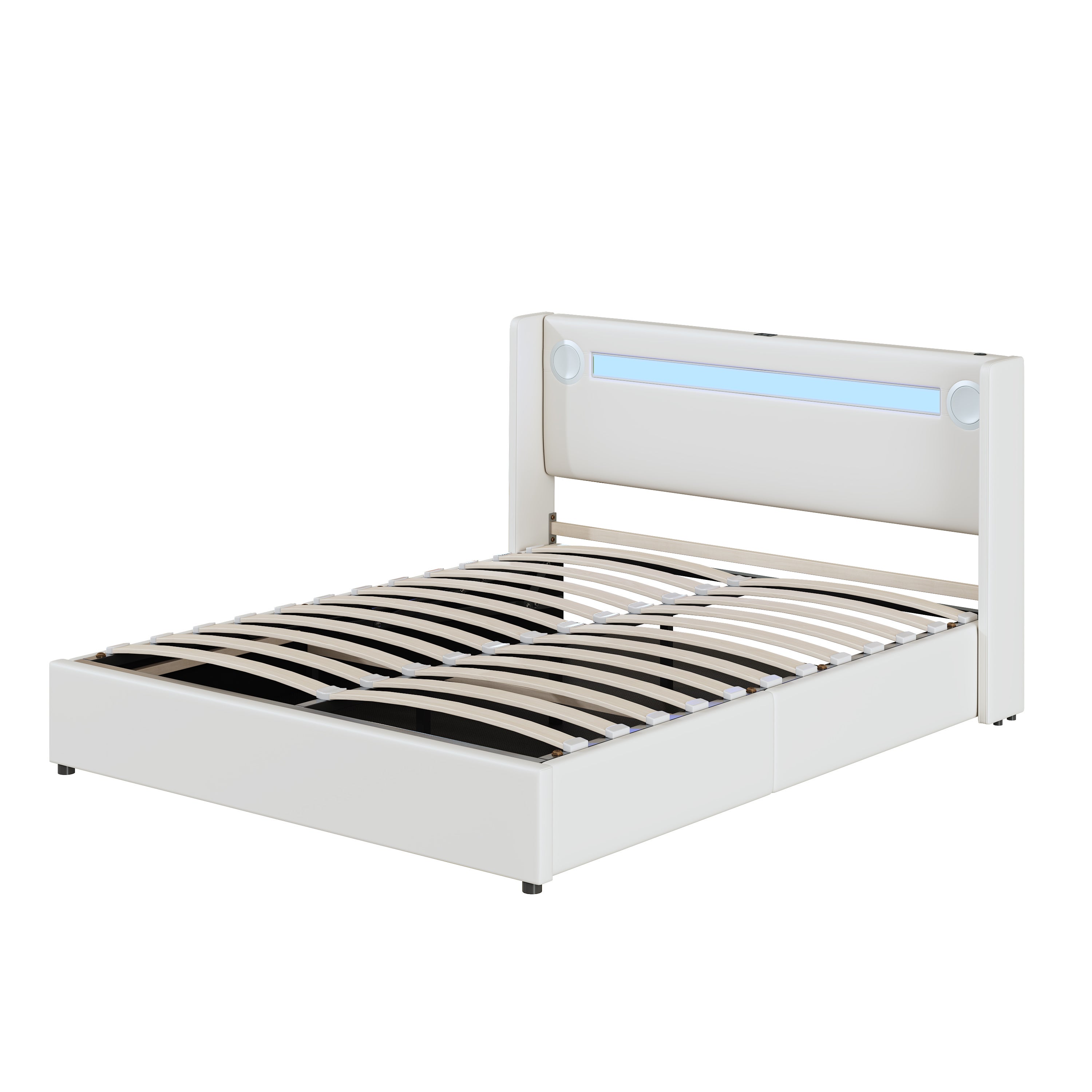 Łóżko z tapicerowanym zagłówkiem z ekoskóry 160x200cm z LED, odtwarzaczem Bluetooth i portami USB - z stelażem na listwy - Białe - 7
