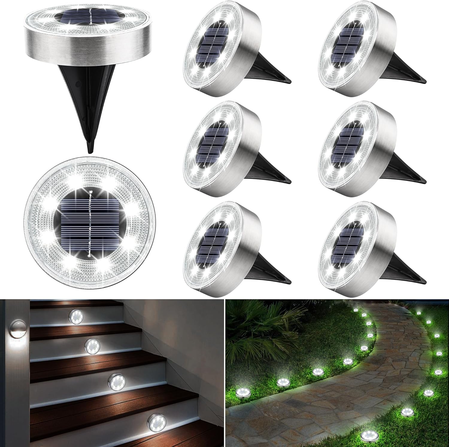 8 lamp solarnych stojących, 8 lamp solarnych LED, białe światło 6000K, wodoodporne lampy solarne krajobrazowe IP68, wbudowany czujnik światła