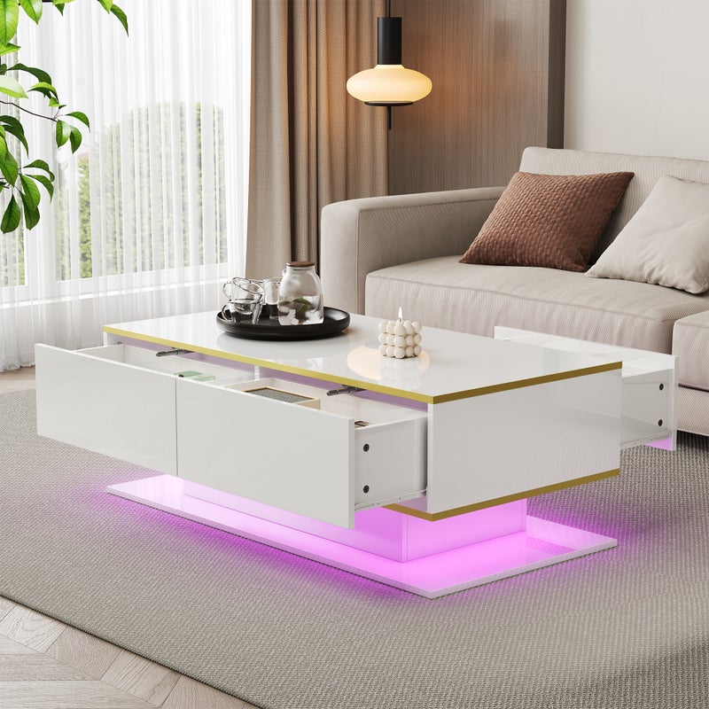 Zdjęcia - Stolik kawowy Nowoczesny z połyskiem 100 x 50 x 40 cm - Oświetlenie LED - 3 szuflady i otwarte półki - Złote wykończenia - B
