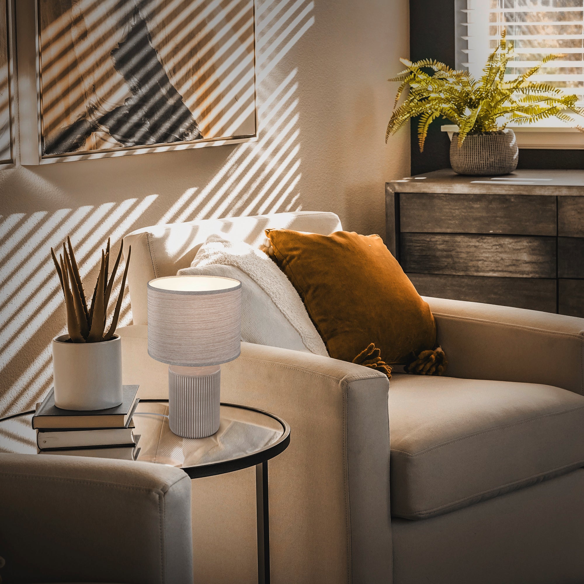 Lampe de table - avec abat-jour tissu - IP20 - D.220x375mm - E27 max. 10W - marron - avec interrupteur câble - Briloner - 8