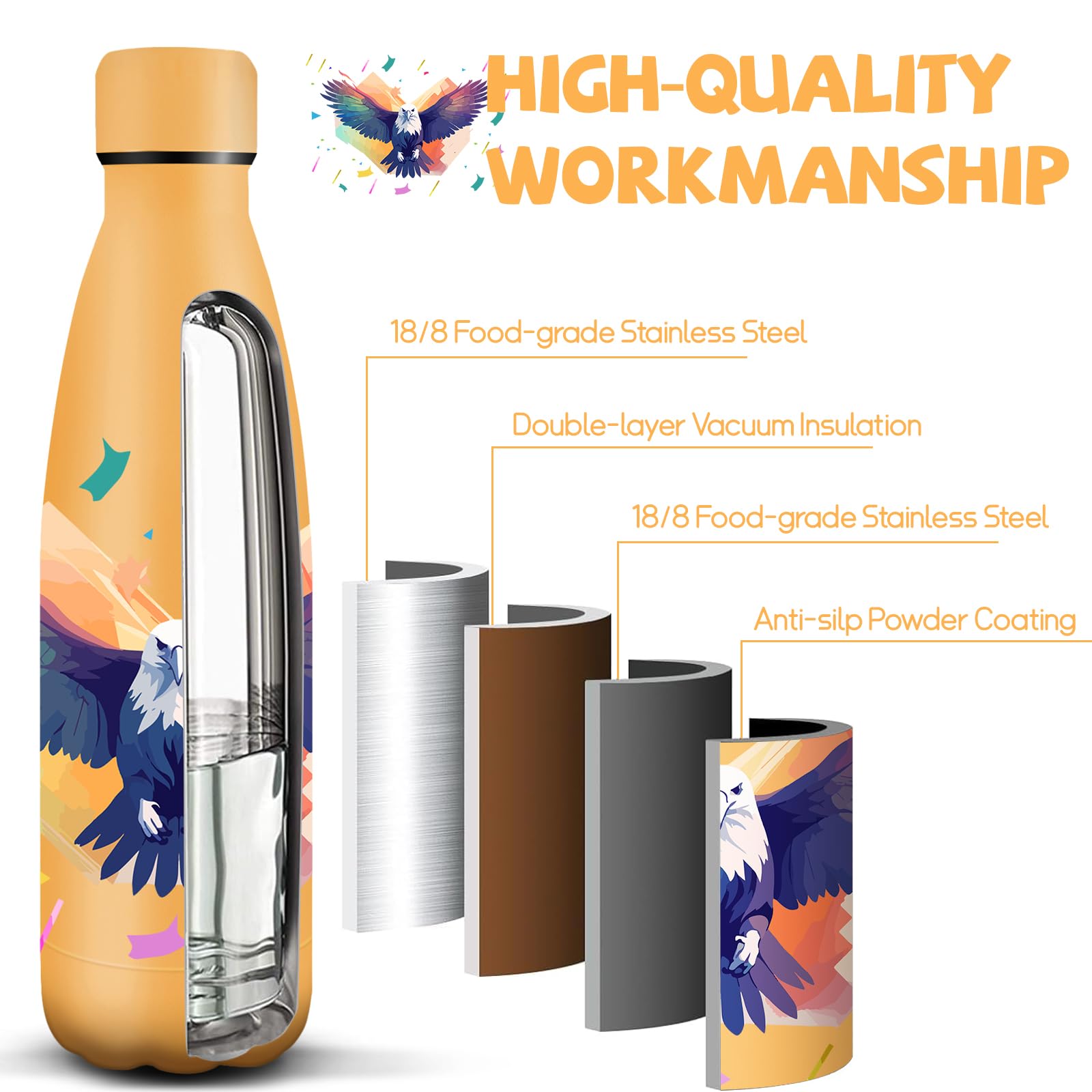 HoneyHolly Borraccia Termica, 500 ml Senza BPA, Bottiglia Termica, Isolamento a Doppia Parete, Borraccia, A Prova di Perdite, Acciaio Inossidabile 18/ - 3