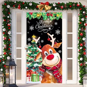 Housse de Porte élastique 2024 Noël,Housses de Porte en Tissu élastique de Noël, Tissu de Couverture de Porte de Noël pour la décoration intérieure et extérieure des Vacances du Nouvel an (A-17
