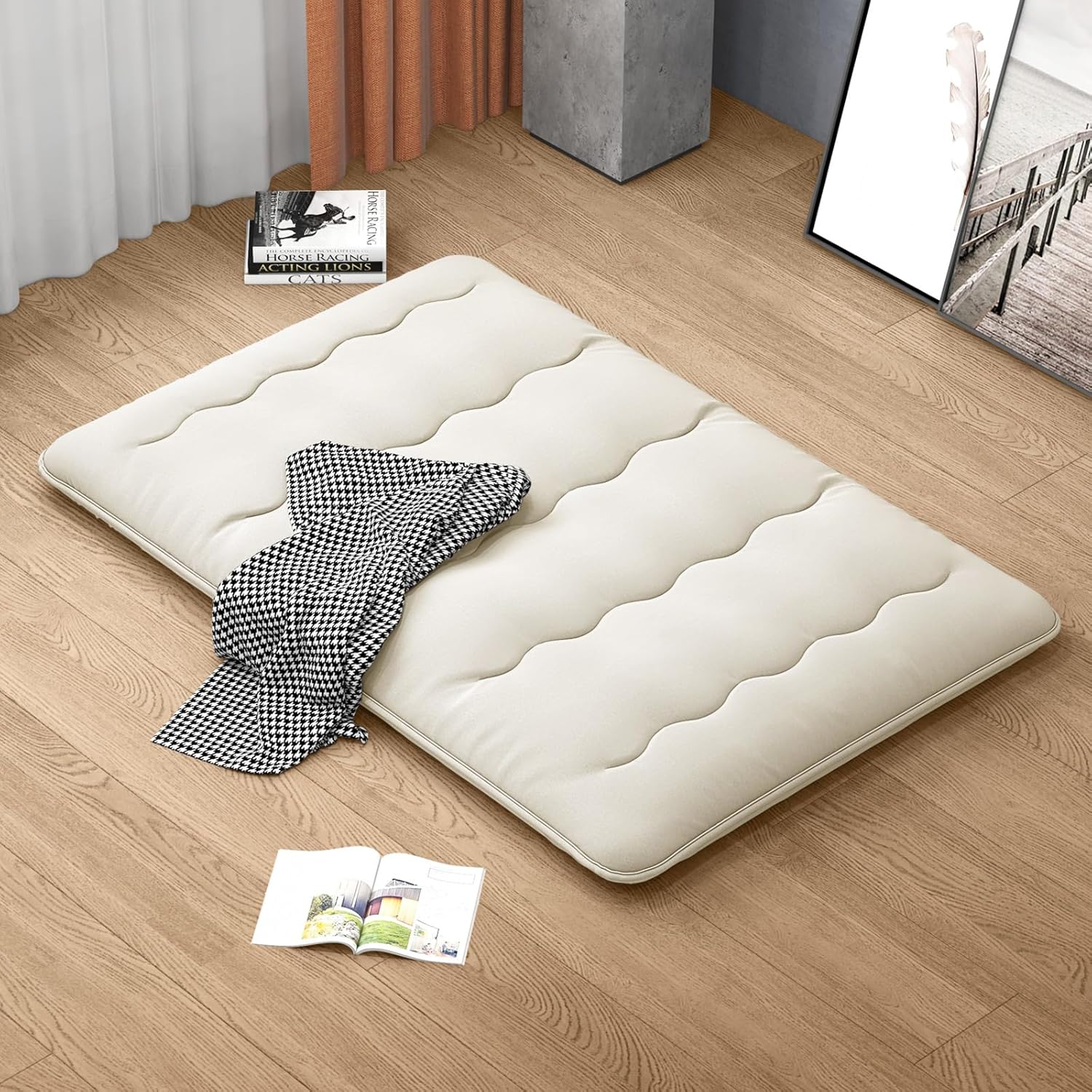 Colchão Futon Japonês para 2 Pessoas 140x200cm, Cama de Dormir Dobrável e Portátil no Chão com Bolsa de Transporte para Campismo, Viagem, Bege - 8