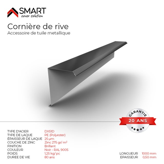 Cornière de rive - bac acier - tôle de couverture - Toiture - Coloris Gris Anthracite RAL 7016 L=1m, épaisseur 0.50mm