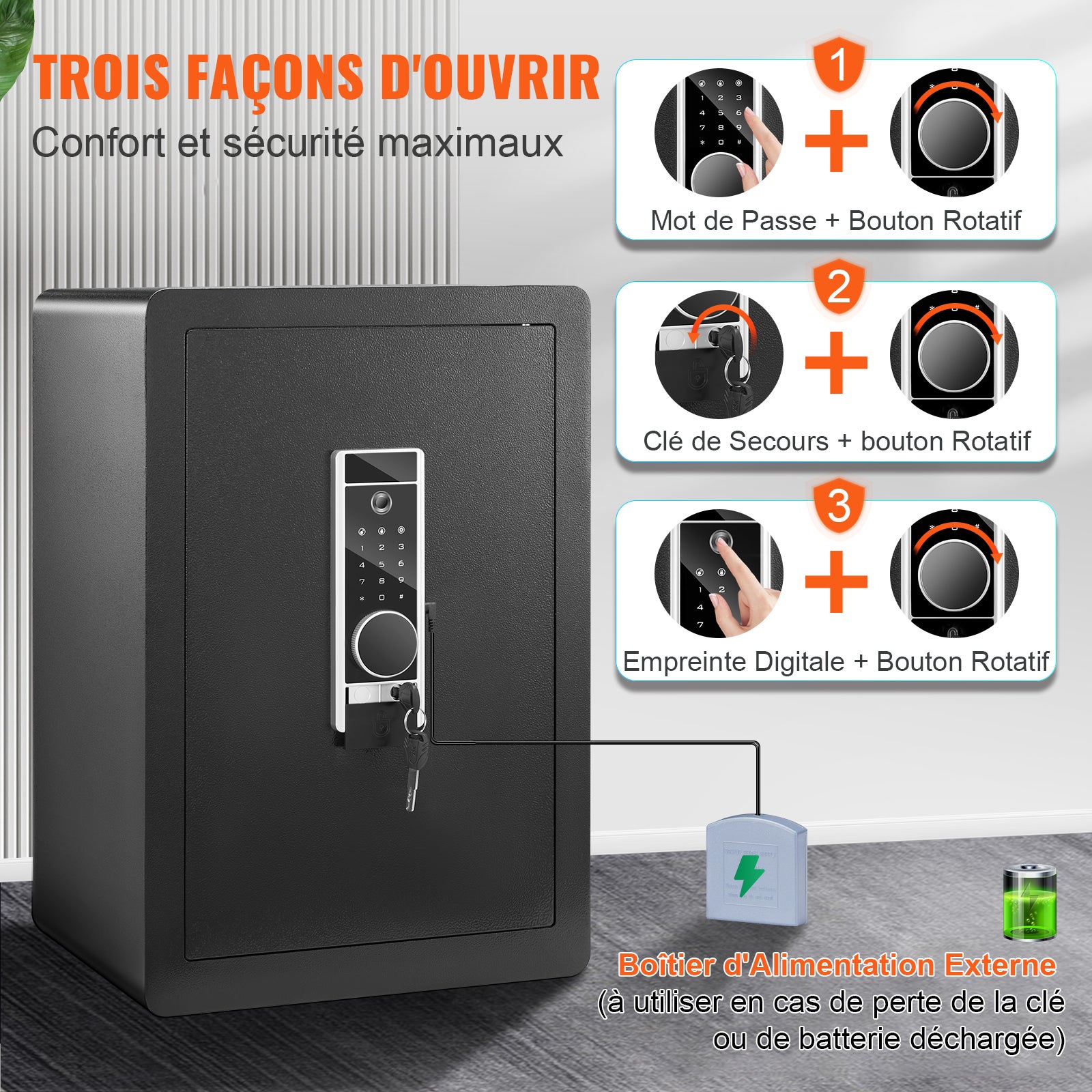 Cassaforte biometrica con impronta digitale SucceBuy da 62 litri con password e chiavi, robusta cassaforte da parete in acciaio, 3 modalità di sblocco - 8